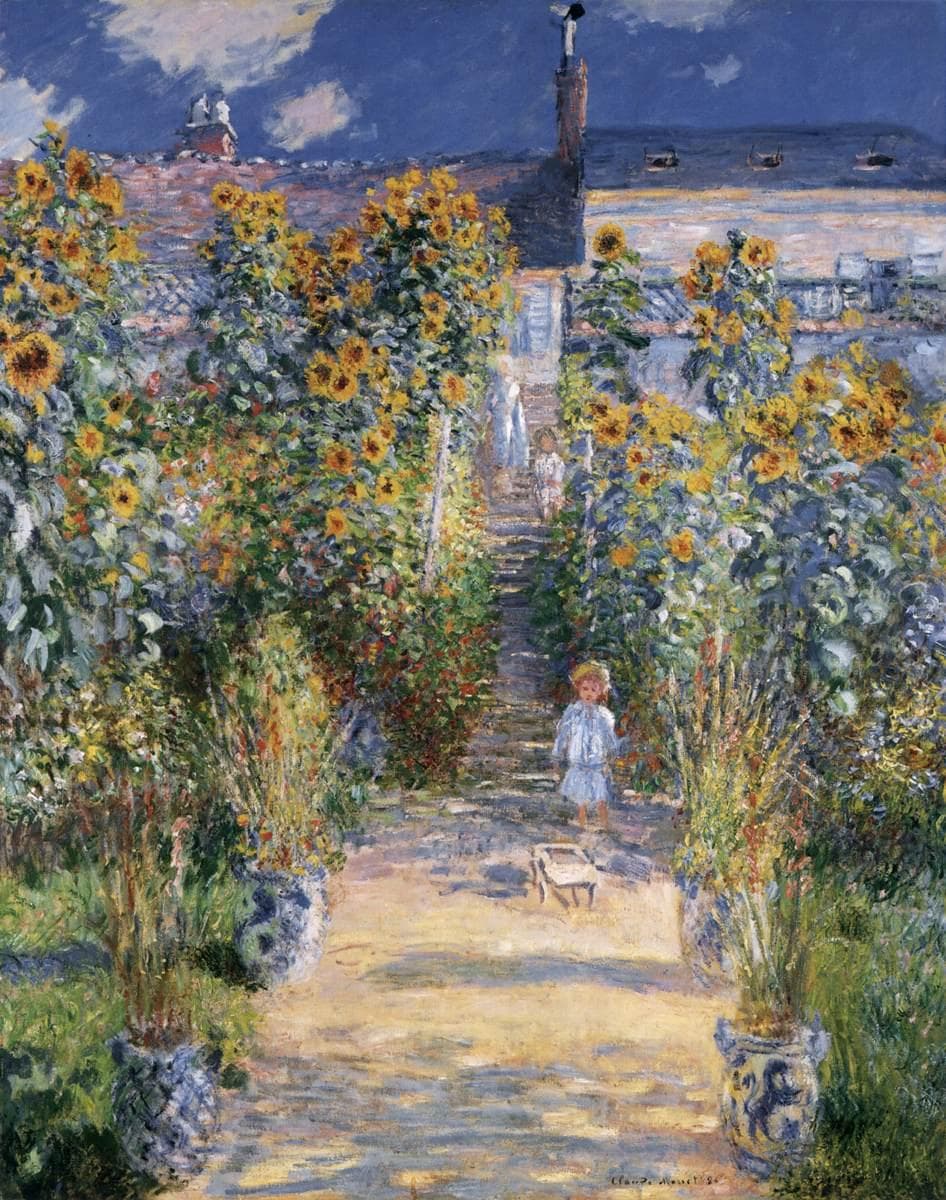 Tall sunflowers line a sunlit sandy path leading up to steps and a house, a small child in white with a toy cart on the path and blue-and-white pots in front — Claude Monet, The Artist's Garden at Vétheuil, 1881