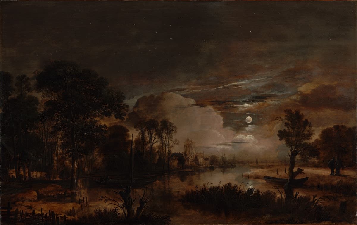 A full moon behind clouds lights a still river between dark wooded banks, a castle tower in the distance and a boat at right — Aert van der Neer, Moonlit Landscape with a View of the New Amstel River and Castle Kostverloren, c. 1647