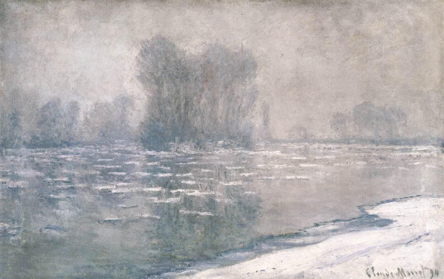 Pale ice floes drift on a gray river as trees on the far bank fade into lilac morning mist, with a snowy bank in the lower right — Claude Monet, Morning Haze, 1894