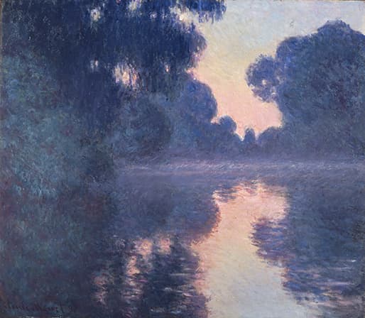 Dark indigo trees on both banks against a salmon-pink dawn sky, the pink reflected as a path of light on still water — Claude Monet, Morning on the Seine, 1897