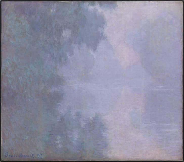 A river channel and its tree-lined banks almost entirely dissolved in soft lilac and pearl-gray mist — Claude Monet, Morning on the Seine, Giverny, 1897