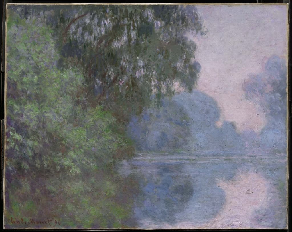 A bank of green trees and a leaning willow at left, a pink misty dawn and faint far trees at right, all mirrored in still water — Claude Monet, Morning on the Seine, near Giverny, 1896