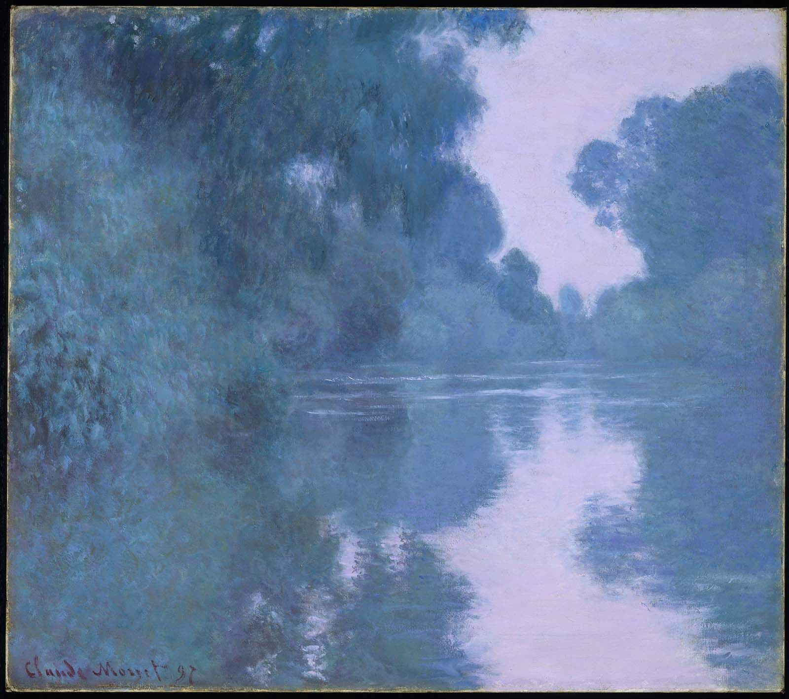 Blue-green trees on both banks veiled in mist, a pale pink-lilac sky between them mirrored in still water — Claude Monet, Morning on the Seine, near Giverny, 1897