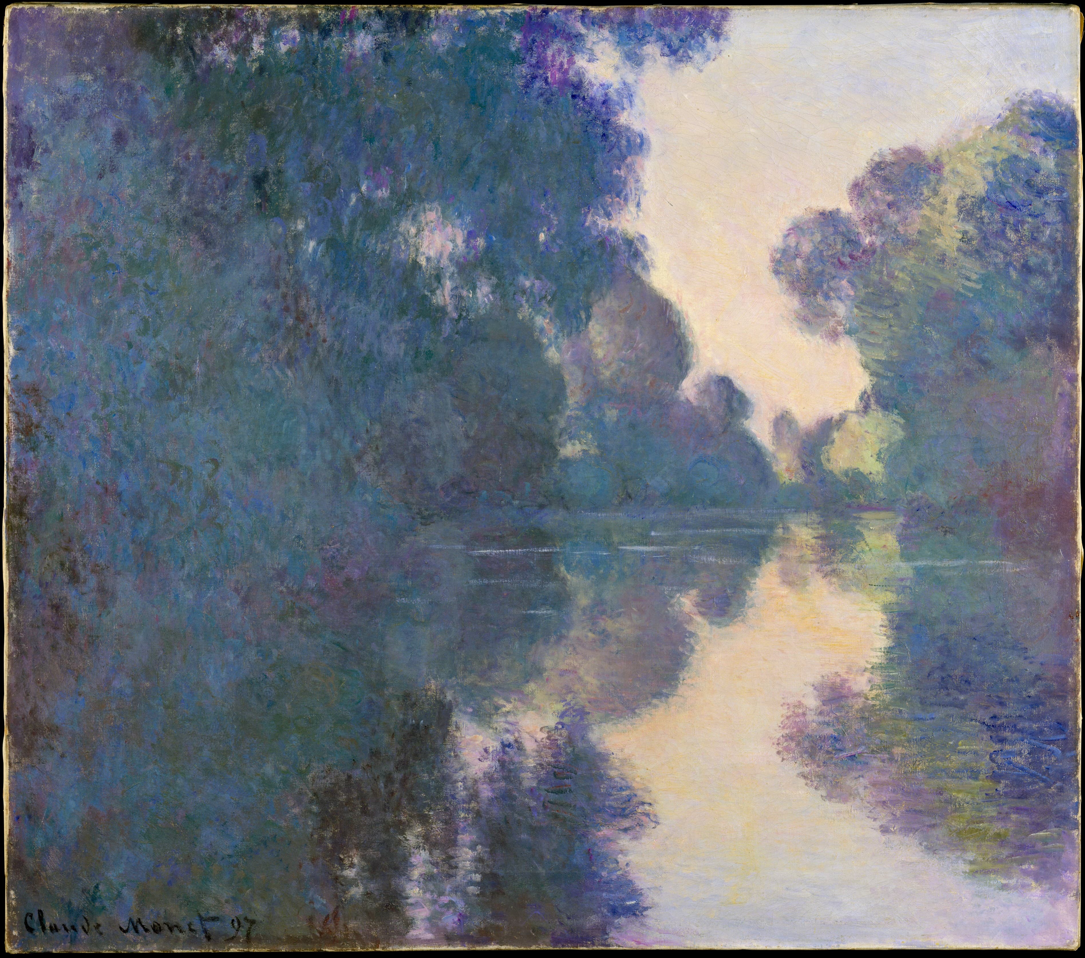 Violet-blue trees on both banks frame a channel of pale gold dawn light, doubled in still water — Claude Monet, Morning on the Seine near Giverny, 1897
