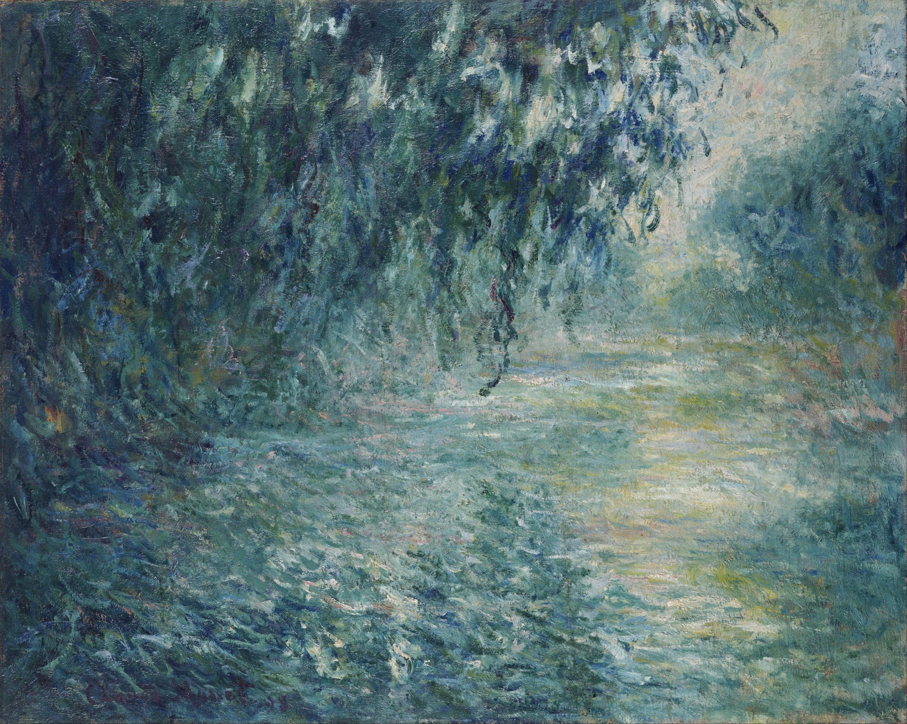 Long willow fronds hang over a rippling blue-green river, dense grasses at left and a pale light opening at right — Claude Monet, Morning on the Seine, 1898