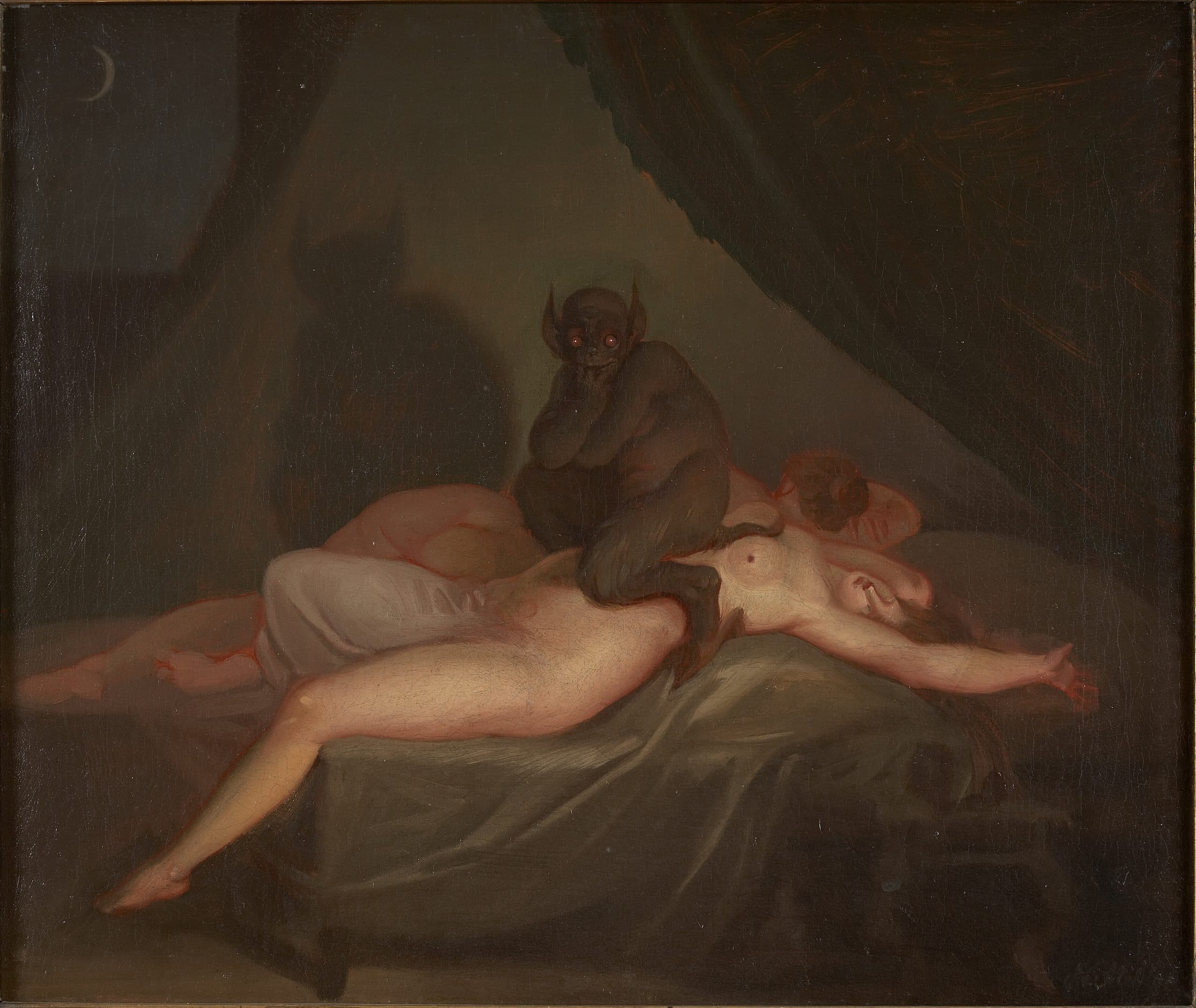A small horned demon crouches on a nude woman sprawled across a bed while a second woman sleeps beside her under a crescent moon — Nicolai Abildgaard, Nightmare, 1800
