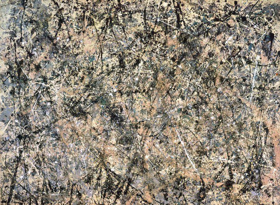 A dense all-over web of black, white, pink, gray and silver poured and dripped lines covering the whole canvas — Jackson Pollock, Number 1, 1950 (Lavender Mist)