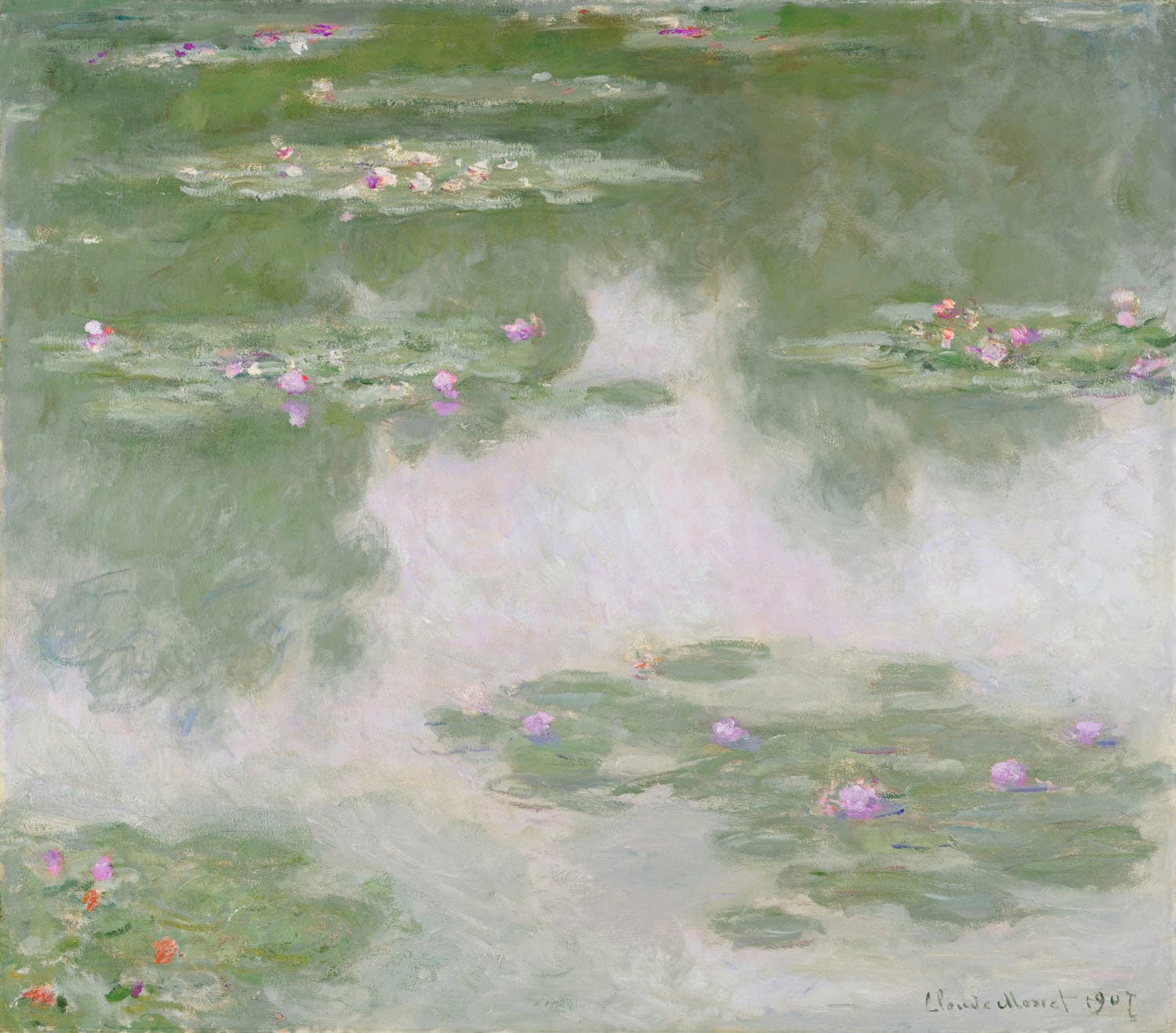 Islands of lily pads with violet, pink and white flowers float on silvery gray-green water with broad white cloud reflections — Claude Monet, Nymphéas, 1907