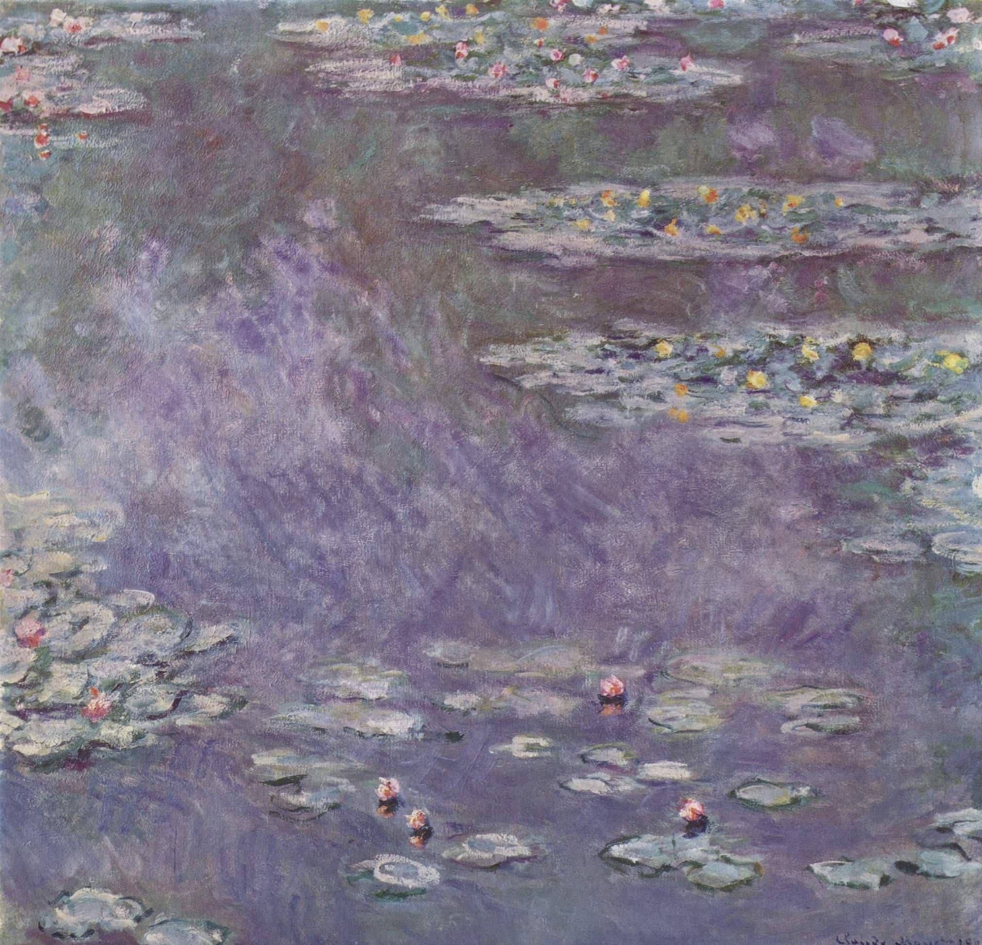 A broad diagonal of violet reflection crosses a pond with islands of lily pads bearing yellow, pink and red flowers — Claude Monet, Nymphéas, 1908