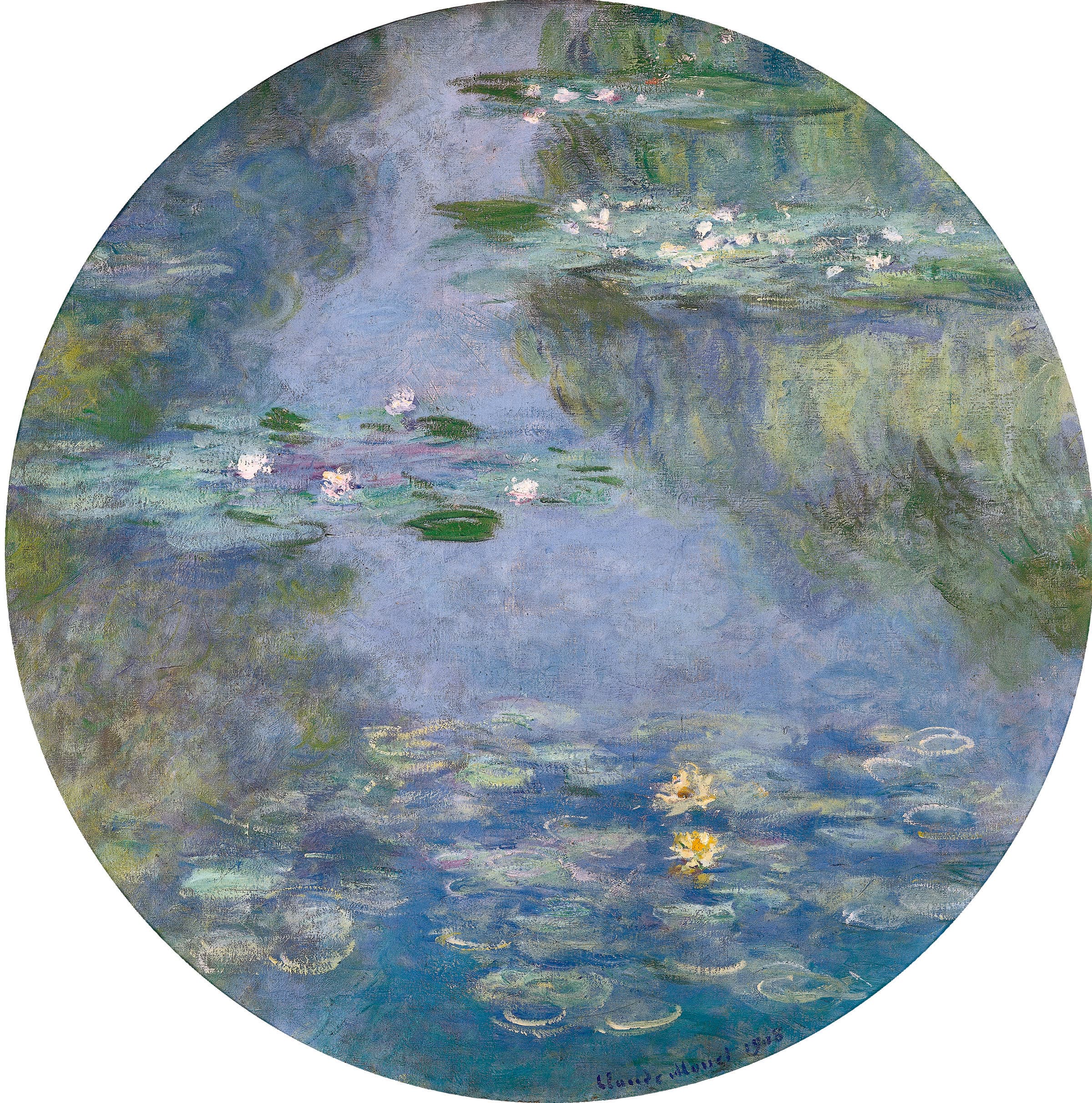 A circular canvas of blue and green water with bands of lily pads, white, pink and yellow flowers and green reflections of trees — Claude Monet, Nymphéas, 1908