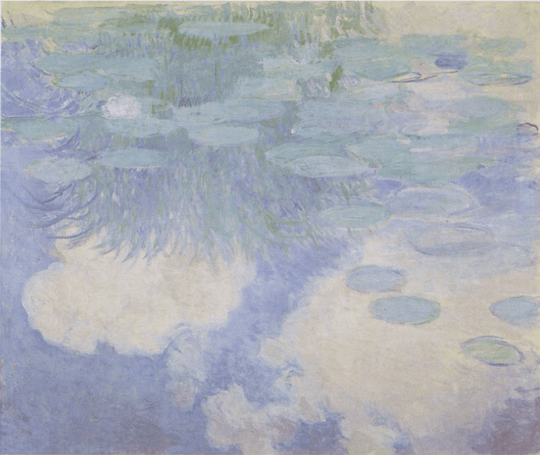 Large white clouds reflected in pale blue water beneath a band of pale lily pads and reflected willow fronds — Claude Monet, Nymphéas, 1915
