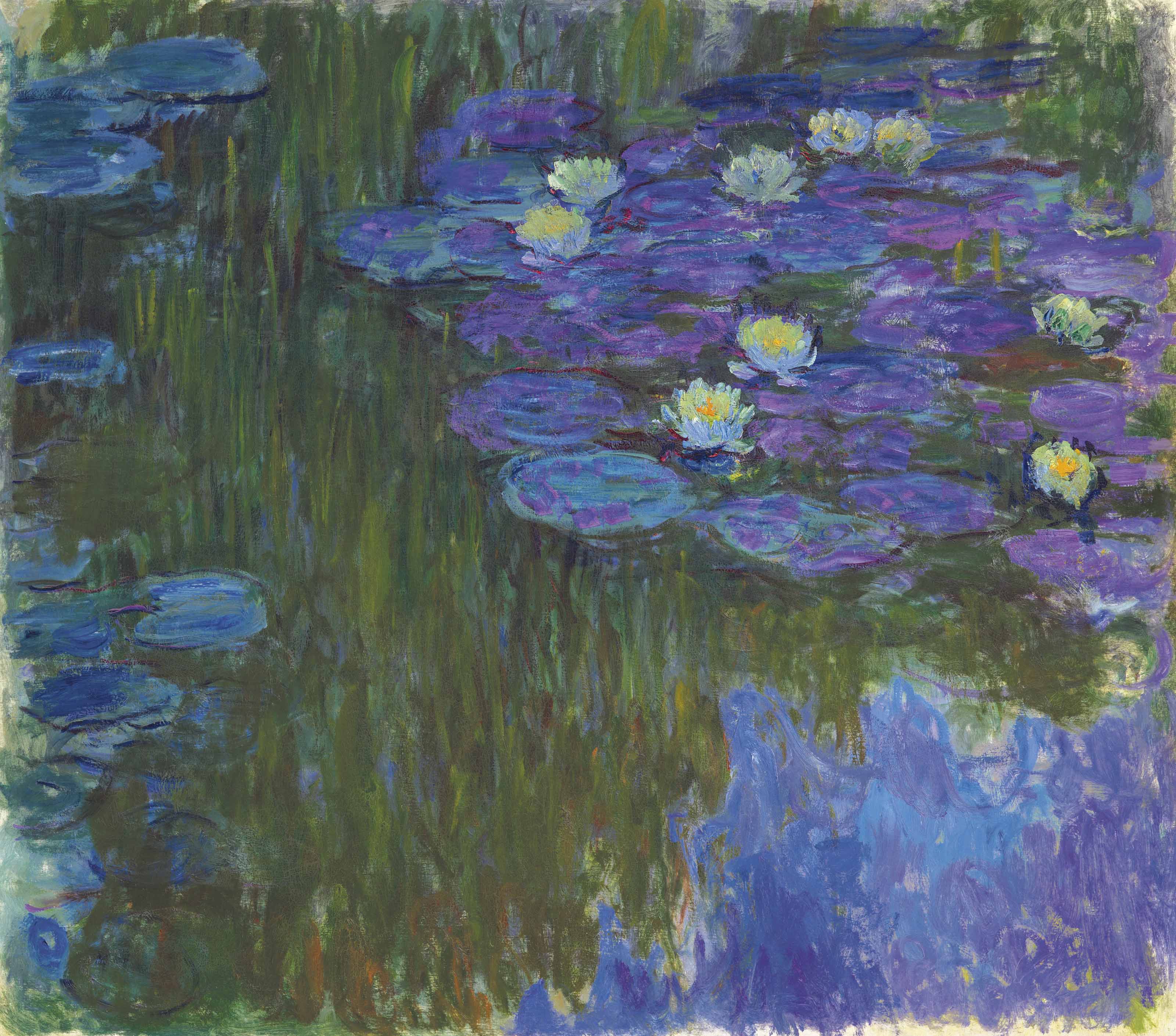 Violet and blue lily pads with white and yellow flowers float on a pond full of green reflections of willows and a patch of pale sky — Claude Monet, Nymphéas en fleur, c. 1914–17