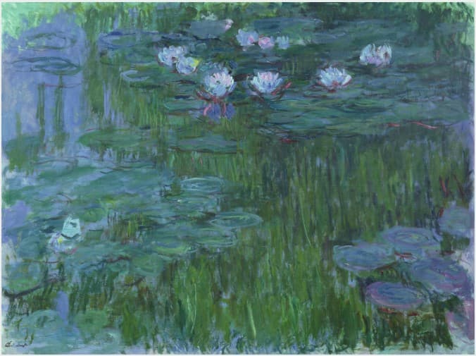 White and pink water lilies on green pads float across a pond full of green reflections of reeds, dark lilac pads at lower right — Claude Monet, Nymphéas, 1914–17