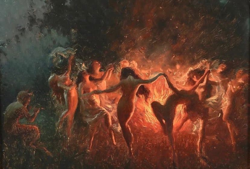 Nude nymphs link hands and dance in a ring around a blazing bonfire in a dark wood while Pan crouches at the left playing a pipe — Joseph Tomanek, Nymphs Dancing to Pan's Flute