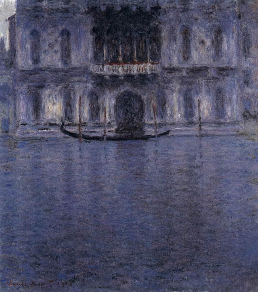 The facade of a Venetian palace with round-arched windows and a central balcony rises above a black gondola moored at its water door, all in violet and blue mirrored in the canal — Claude Monet, Palazzo Contarini, 1908