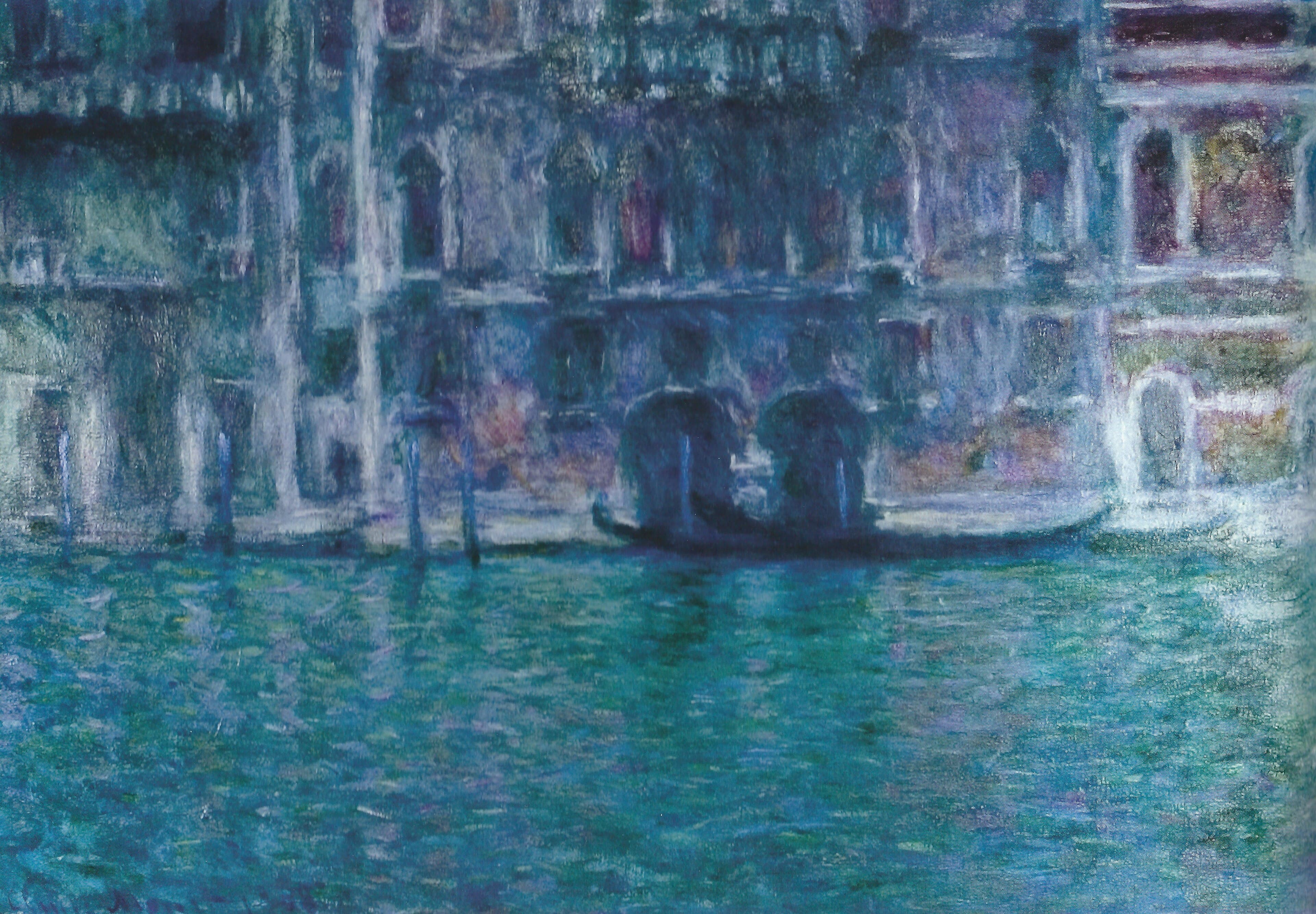 A Gothic palace front in deep blue, green and violet fills the canvas above turquoise water, a black gondola moored at its arched doors — Claude Monet, Palazzo Da Mula Morosini, 1908