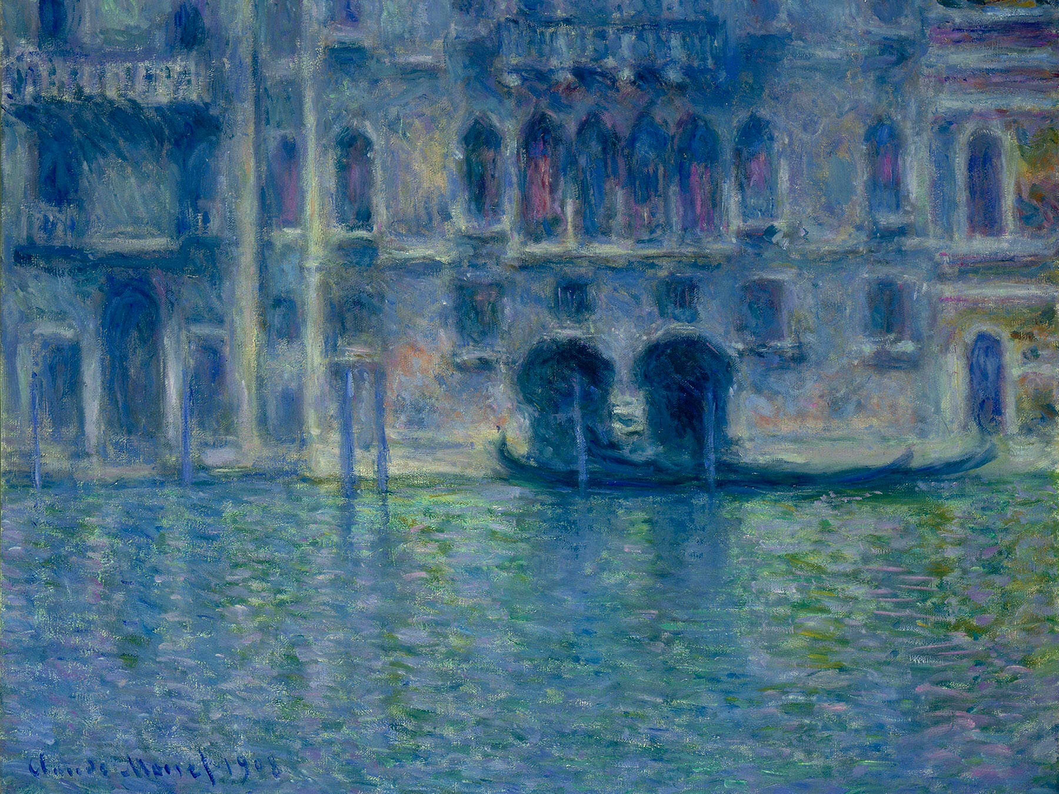 The lower façade of a Gothic palace with pointed windows and two arched water gates, a black gondola moored in front, above shimmering blue and green water — Claude Monet, Palazzo da Mula, Venice, 1908