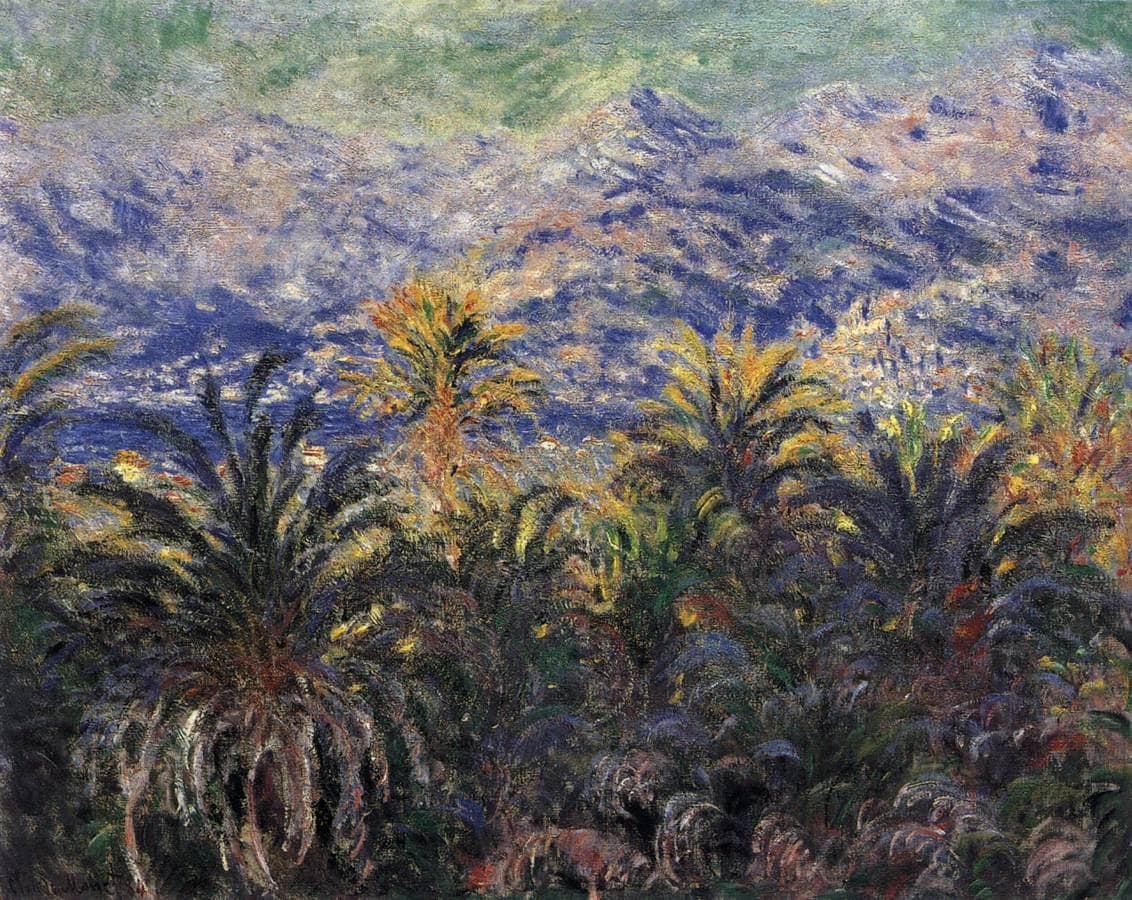 A dense thicket of green and yellow palm fronds fills the foreground beneath hazy lilac-blue mountains and a pale sky — Claude Monet, Palm Trees at Bordighera, 1884