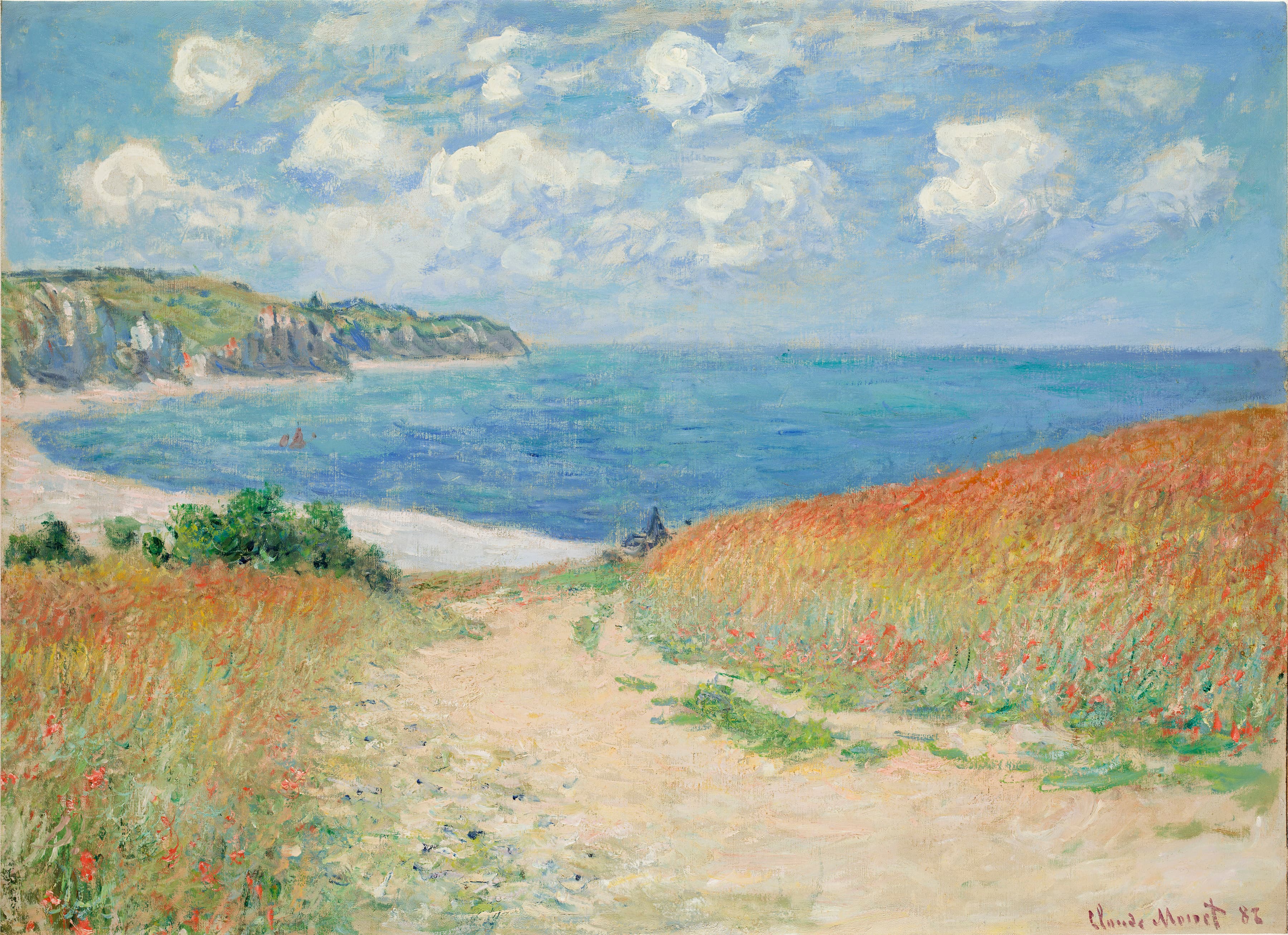 A sandy path runs between golden wheat and red poppies down to a deep blue bay with white cliffs and puffy clouds — Claude Monet, Path in the Wheat Fields at Pourville, 1882