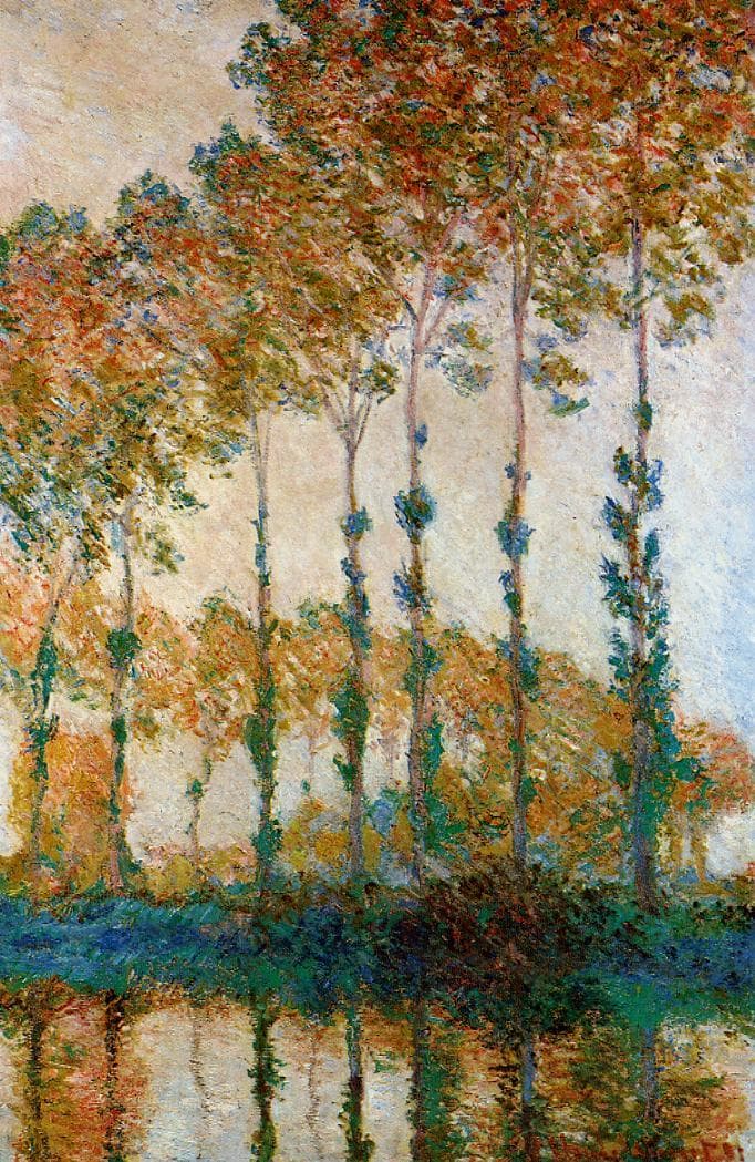 A close row of tall poplars with pale trunks wrapped in green, their crowns in rust, coral and gold, reflected in the river — Claude Monet, Poplars on the Banks of the Epte, Autumn, 1891