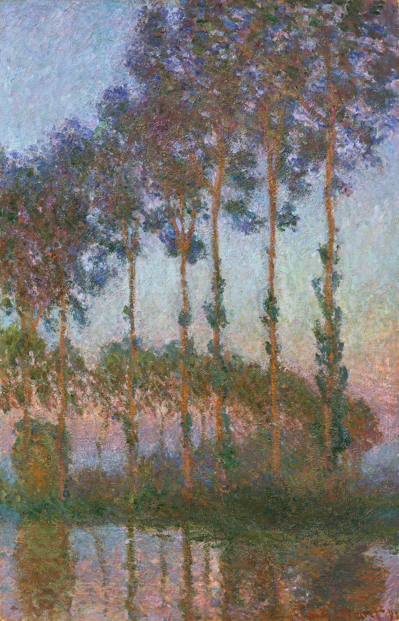 Six tall poplars with orange-lit trunks rise into a violet and blue haze, a pink twilight glow at right and reflections in the river below — Claude Monet, Peupliers au bord de l'Epte, crépuscule, 1891