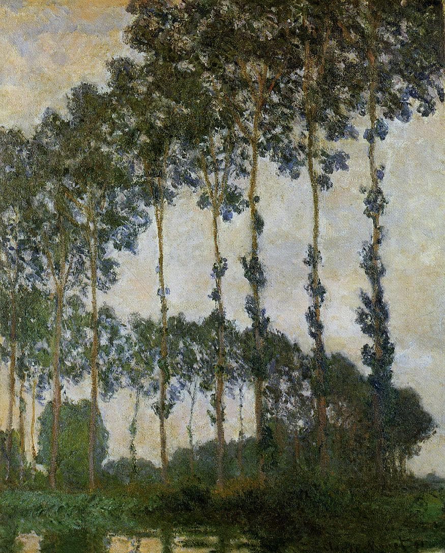 A tall row of poplars in dark olive and blue-green against a gray cloudy sky, with dark bushes and water below — Claude Monet, Poplars near Giverny, Overcast Weather, 1891