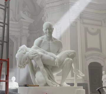 A white marble sculpture of a kneeling bald man holding the limp body of a younger man across his knee, inside a church with scaffolding and a shaft of light — Jago, Pietà, 2020–21