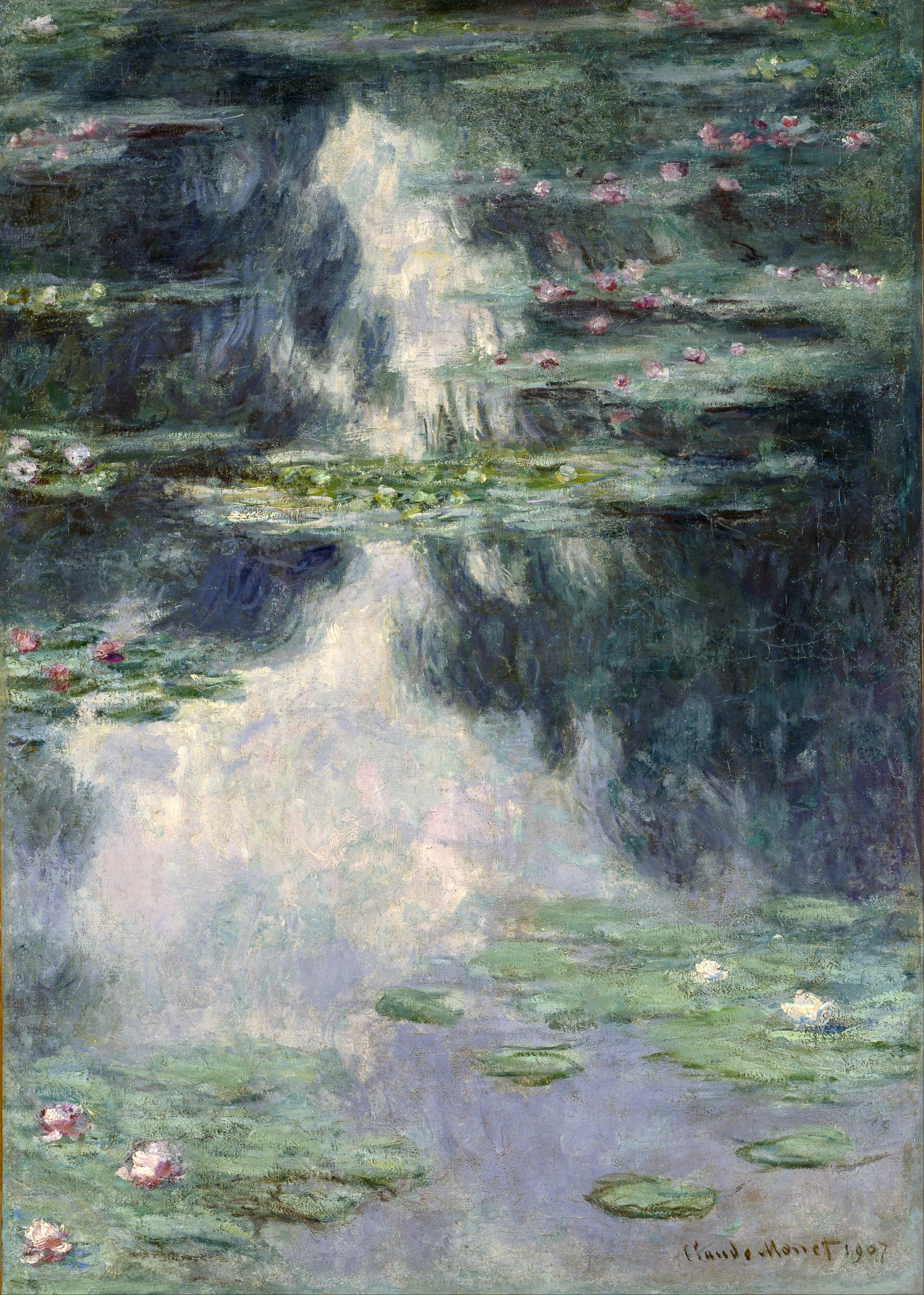 A bright white reflection falls down a tall canvas of dark blue-green water crossed by bands of lily pads with pink, white and yellow flowers — Claude Monet, Pond with Water Lilies, 1907