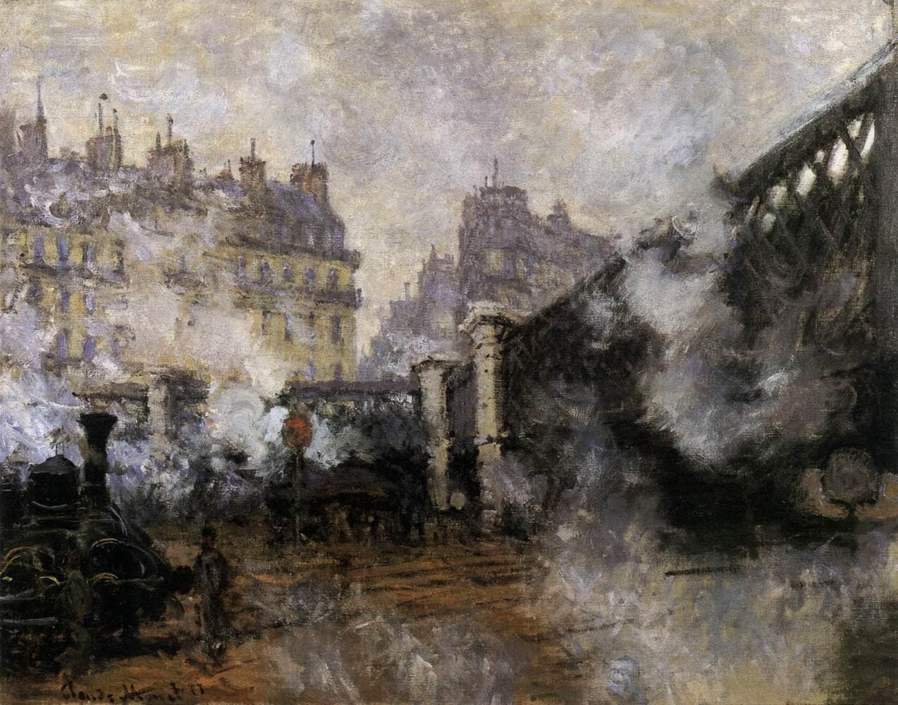 A black locomotive sits in billowing white and lilac steam beneath a dark iron lattice bridge, with pale Paris apartment blocks behind and a worker crossing the tracks — Claude Monet, Pont de l'Europe, Gare Saint-Lazare, 1877