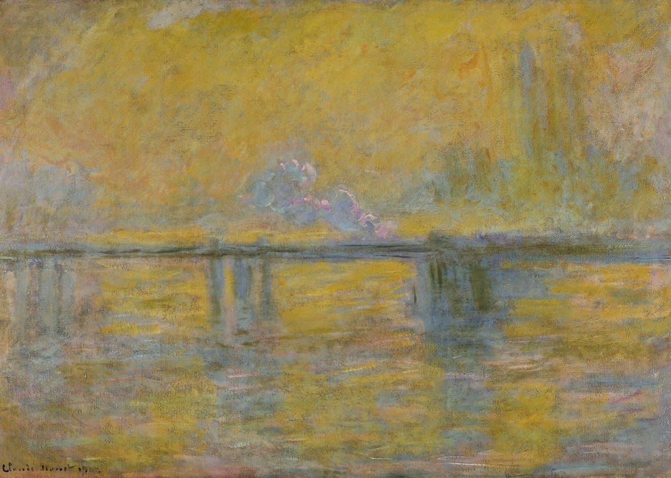 A gray-blue bridge crosses a river of saturated yellow under a golden fog, pink smoke curling above and Parliament faint at right — Claude Monet, Charing Cross Bridge, dated 1902