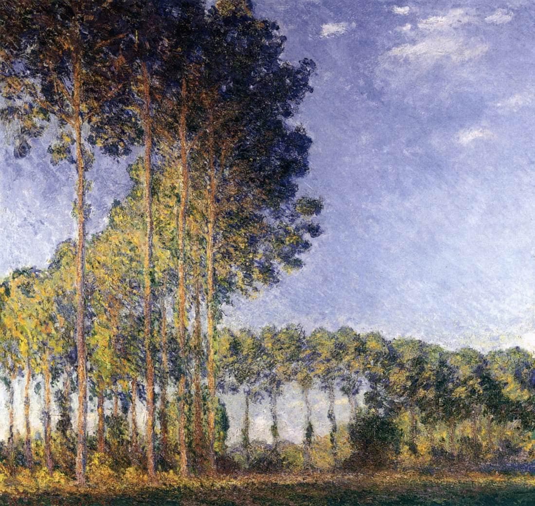 A cluster of tall poplars with sunlit trunks rises at left and a row of trees curves away across a meadow under a lilac-blue sky with small clouds — Claude Monet, Poplars at the Banks of Epte, 1891–92