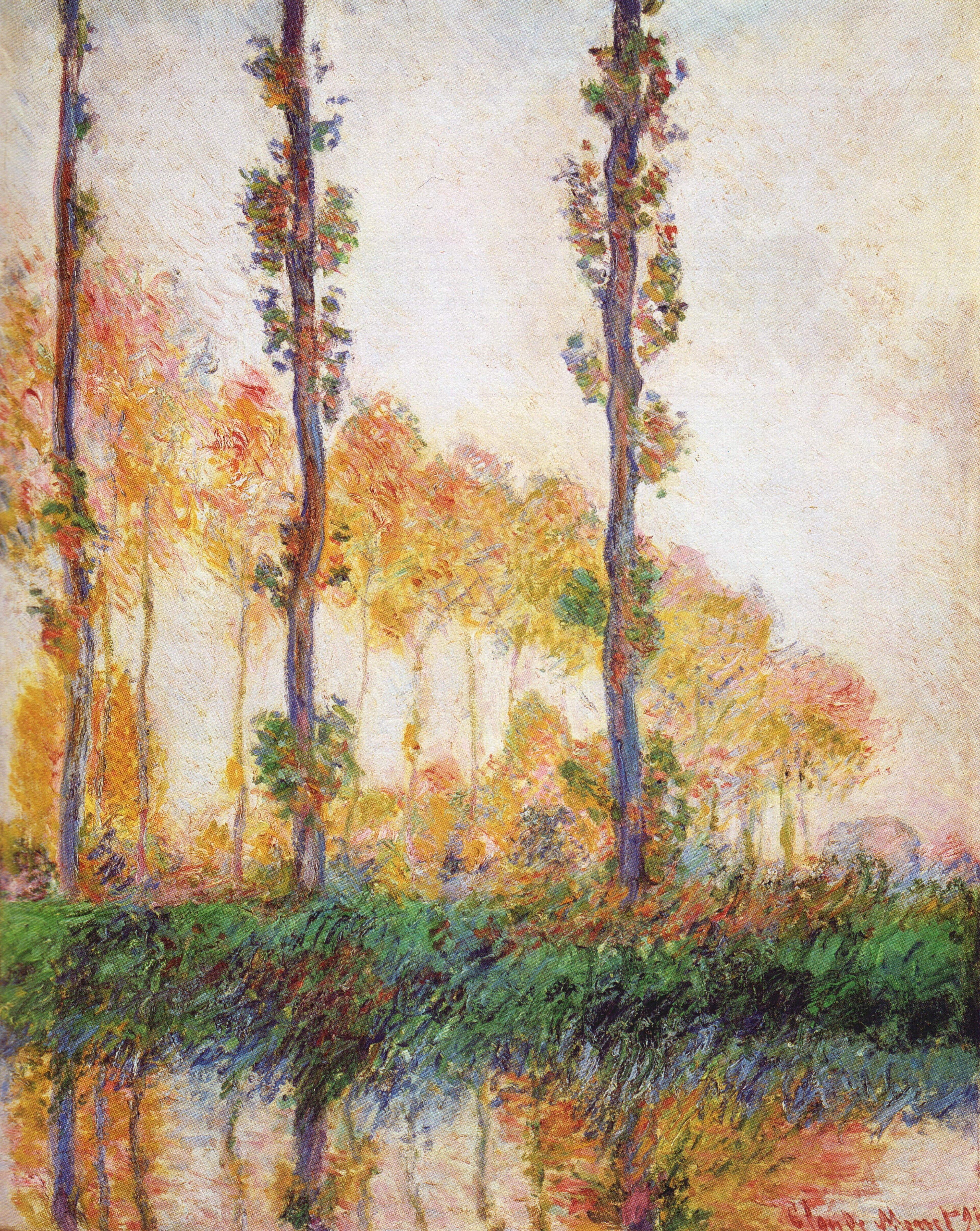Three slender poplar trunks before a curving row of orange, pink and gold autumn trees, mirrored in a river under a pale sky — Claude Monet, Poplars (Autumn), 1891