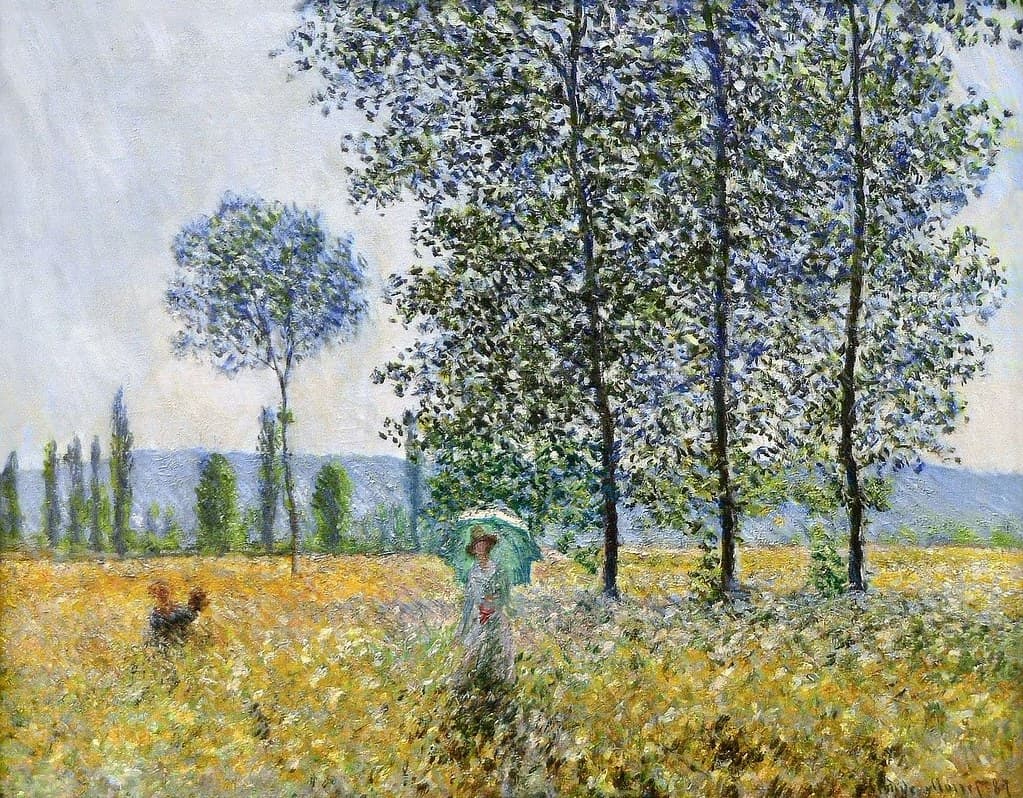 A woman with a green parasol walks through a sunlit field of yellow flowers beneath tall shimmering poplars while a child picks flowers — Claude Monet, Poplars in the Sun, 1887