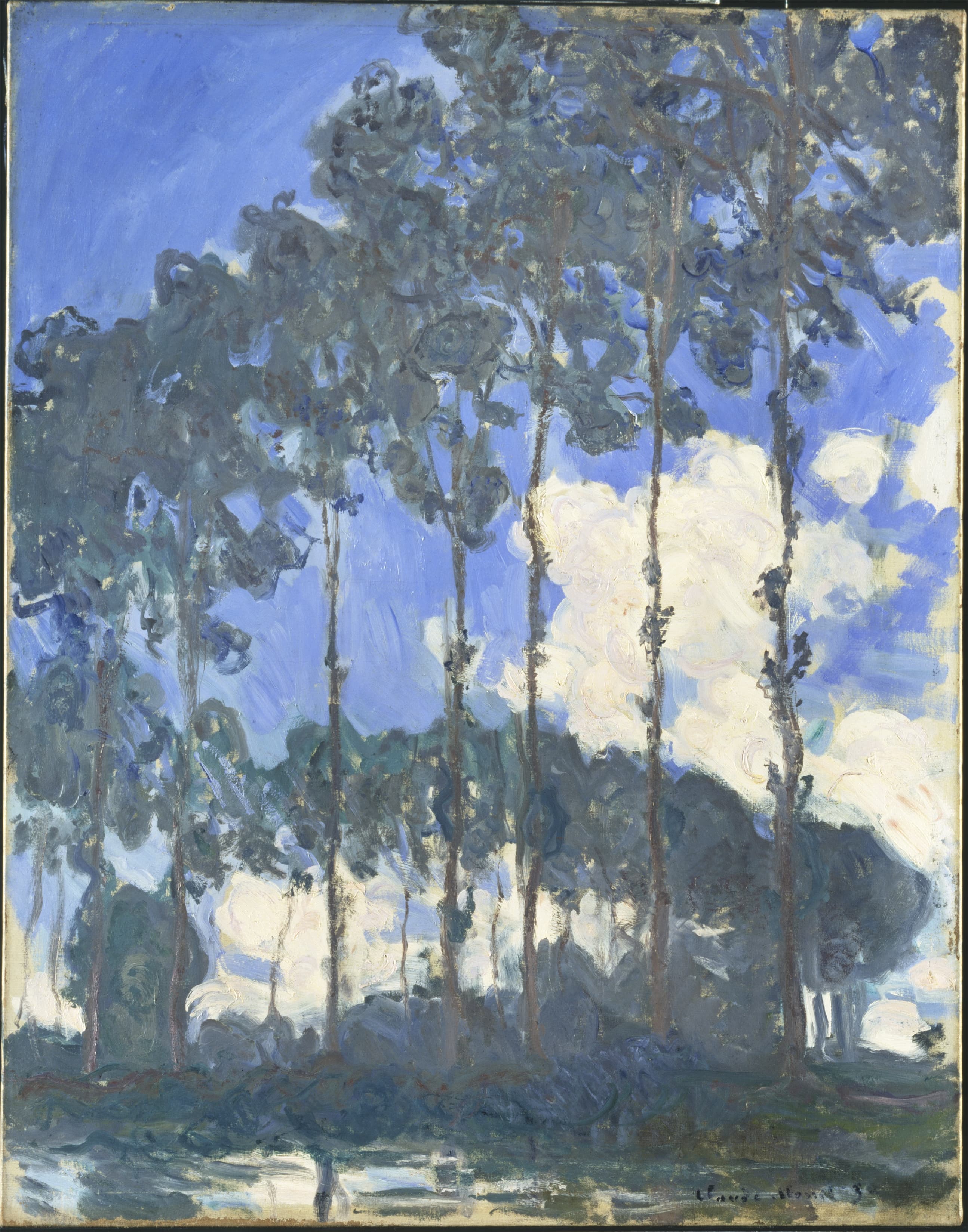 Tall, slender poplar trunks with clumps of blue-green leaves rise against a bright blue sky with white clouds — Claude Monet, Poplars on the Epte, 1891