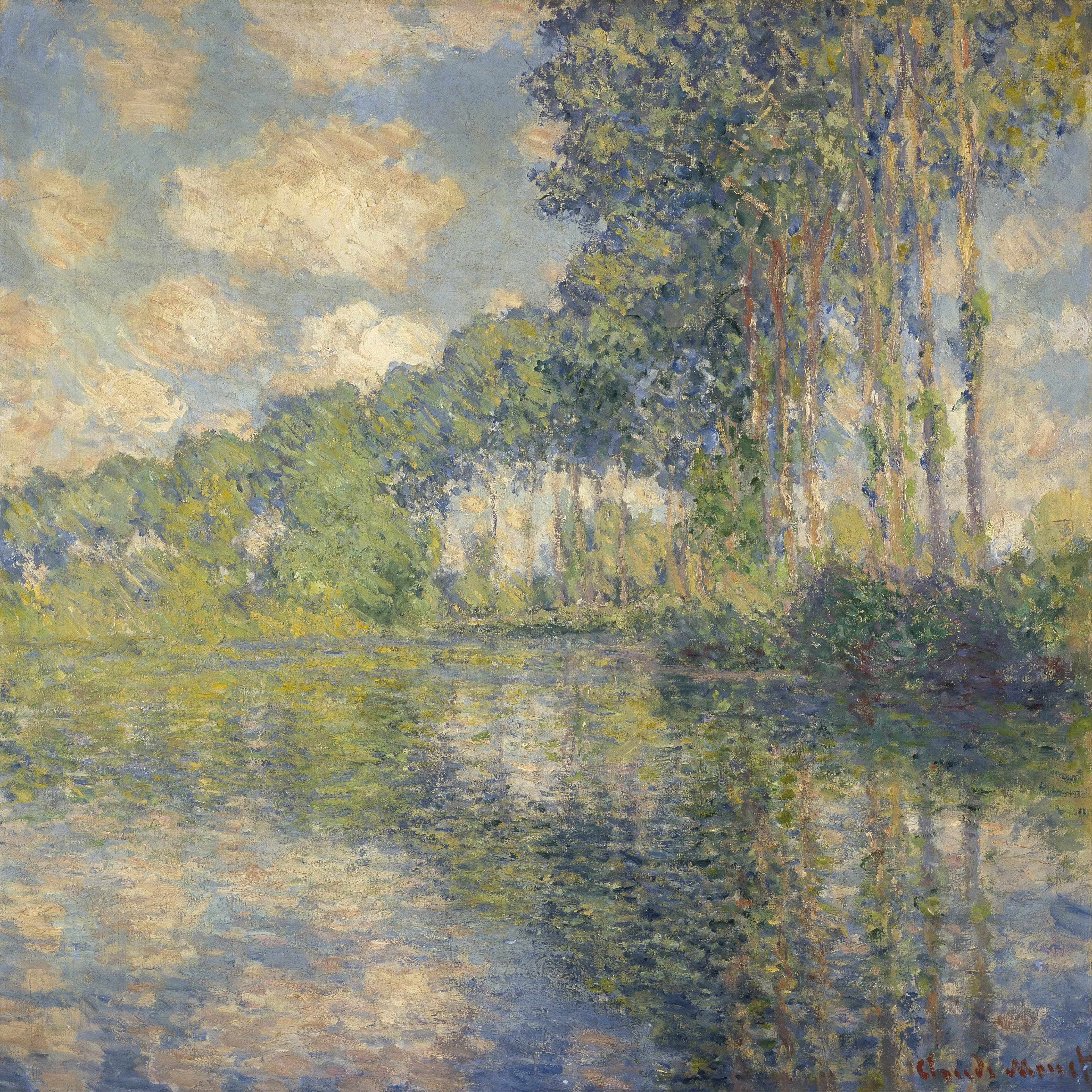 A row of tall green poplars curves along a riverbank under white summer clouds, trees and sky reflected in still water below — Claude Monet, Poplars on the Epte, 1891