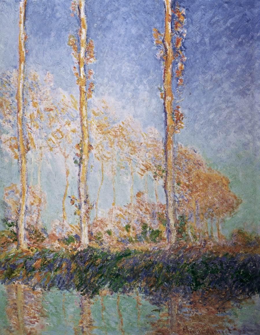 Three tall, thin poplar trunks with orange leaves rise against a lavender sky in front of a row of pink autumn trees, reflected in a pale river — Claude Monet, Poplars, Three Pink Trees, Autumn, 1891
