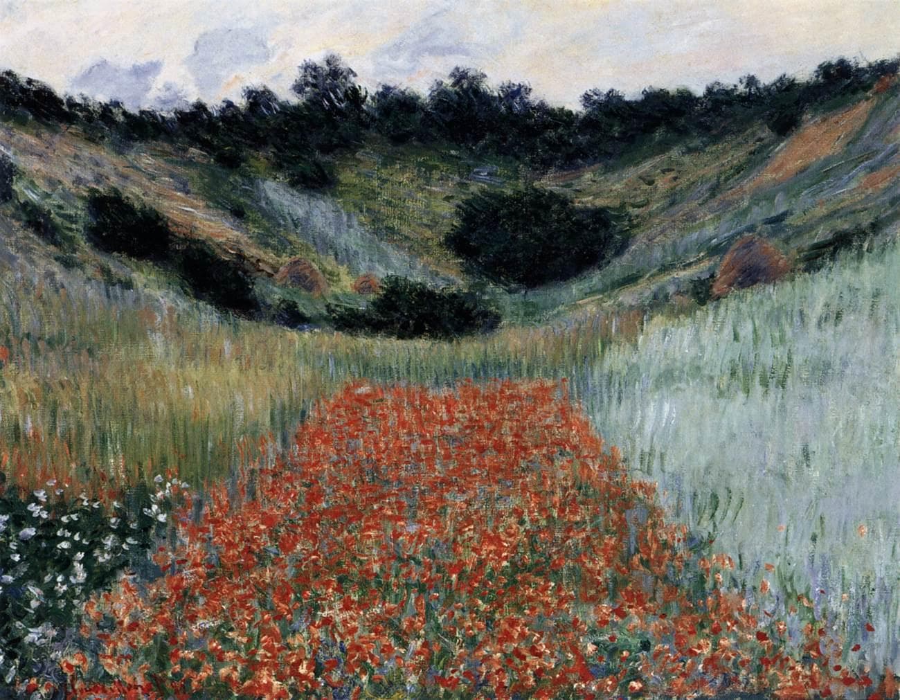 A stripe of red poppies runs uphill between silvery green fields into a hollow, beneath grassy slopes and a ridge of dark trees under a pale sky — Claude Monet, Poppy Field in a Hollow near Giverny, 1885