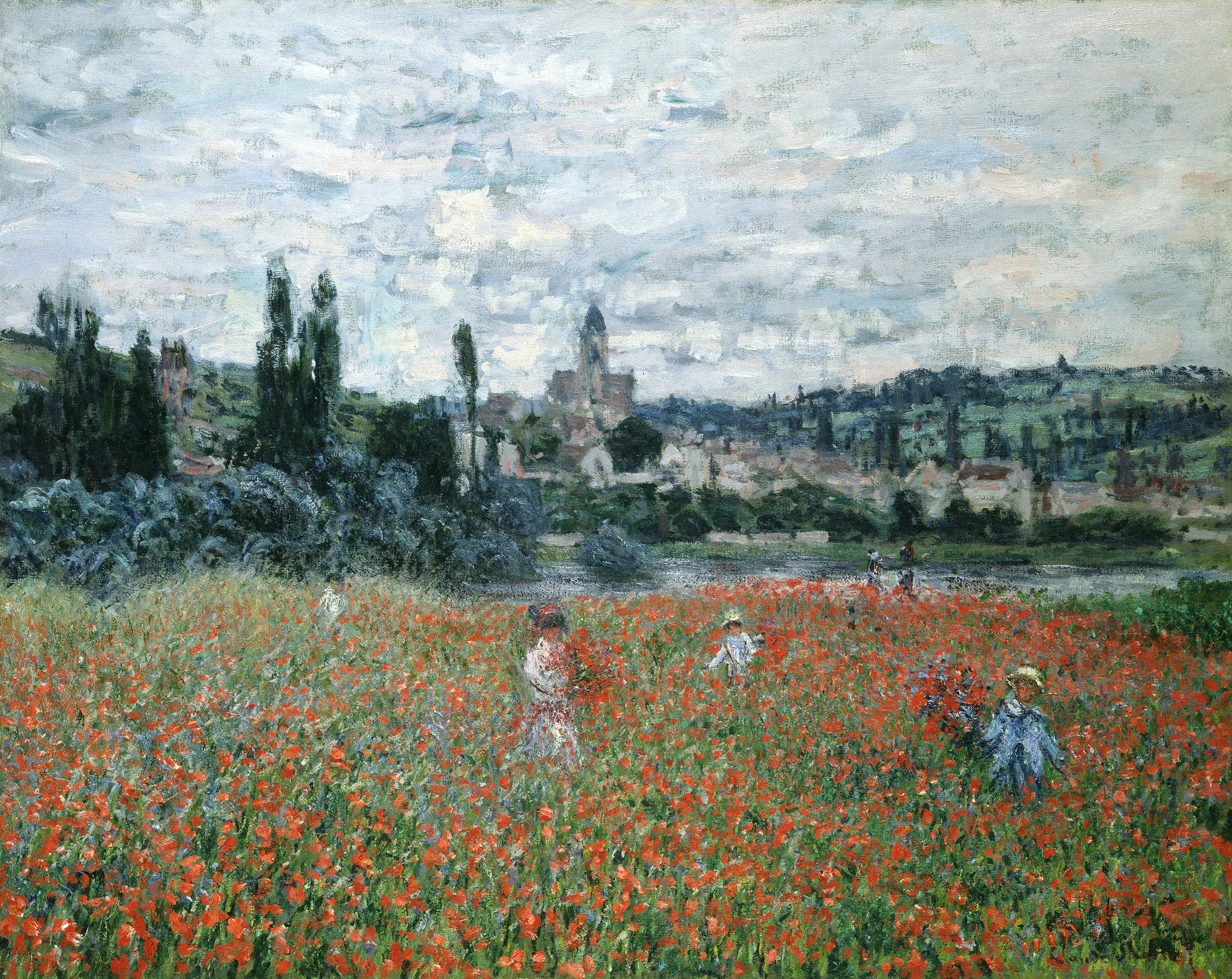 A woman and children gather flowers in a field of red poppies, with a village and church tower across the river under a cloudy sky — Claude Monet, Poppy Field near Vétheuil, c. 1879