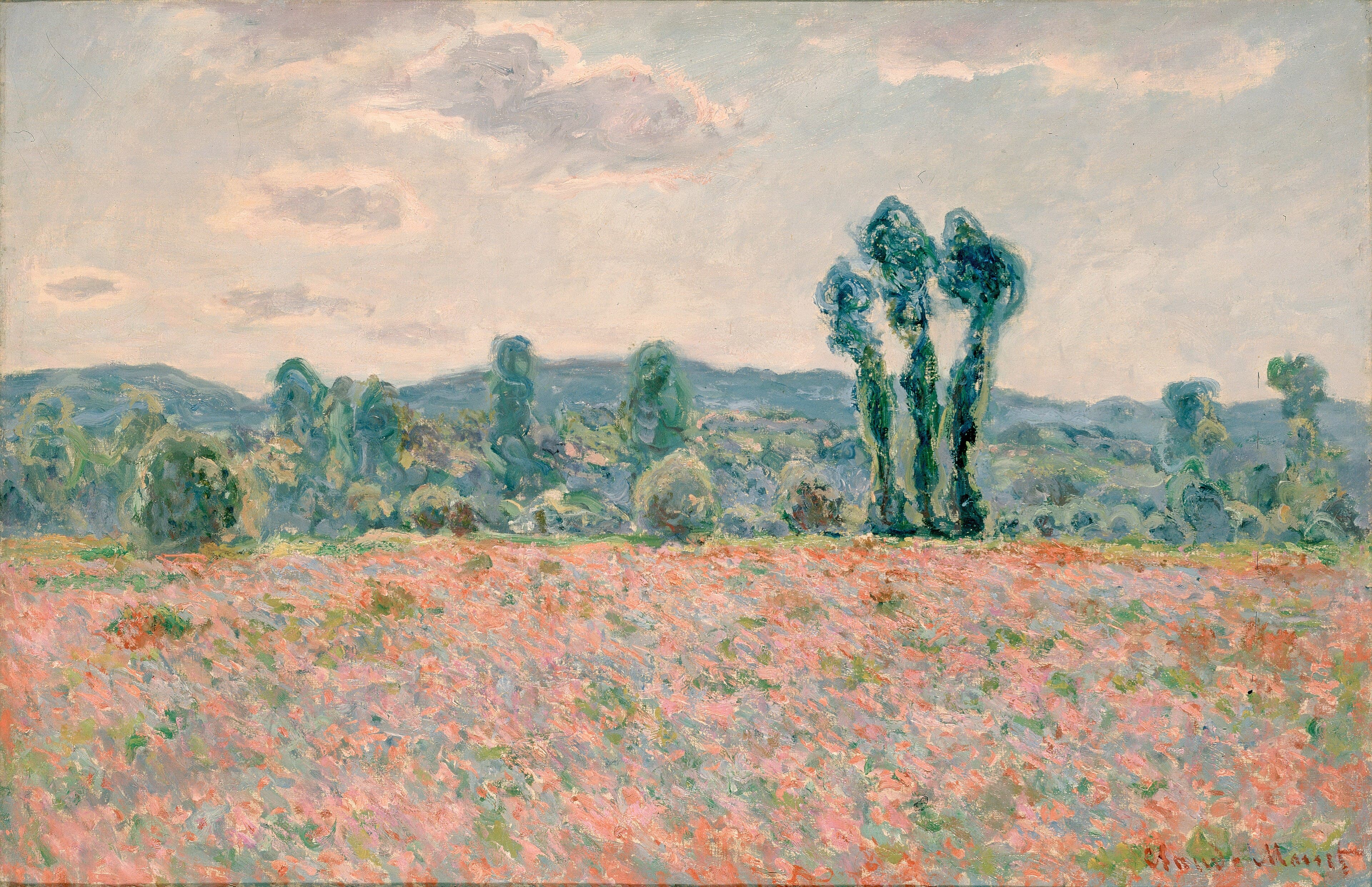 A broad field of pink and red poppies stretches below a line of blue-green trees and a tall clump of poplars under a pale sky — Claude Monet, Poppy Field, c. 1890