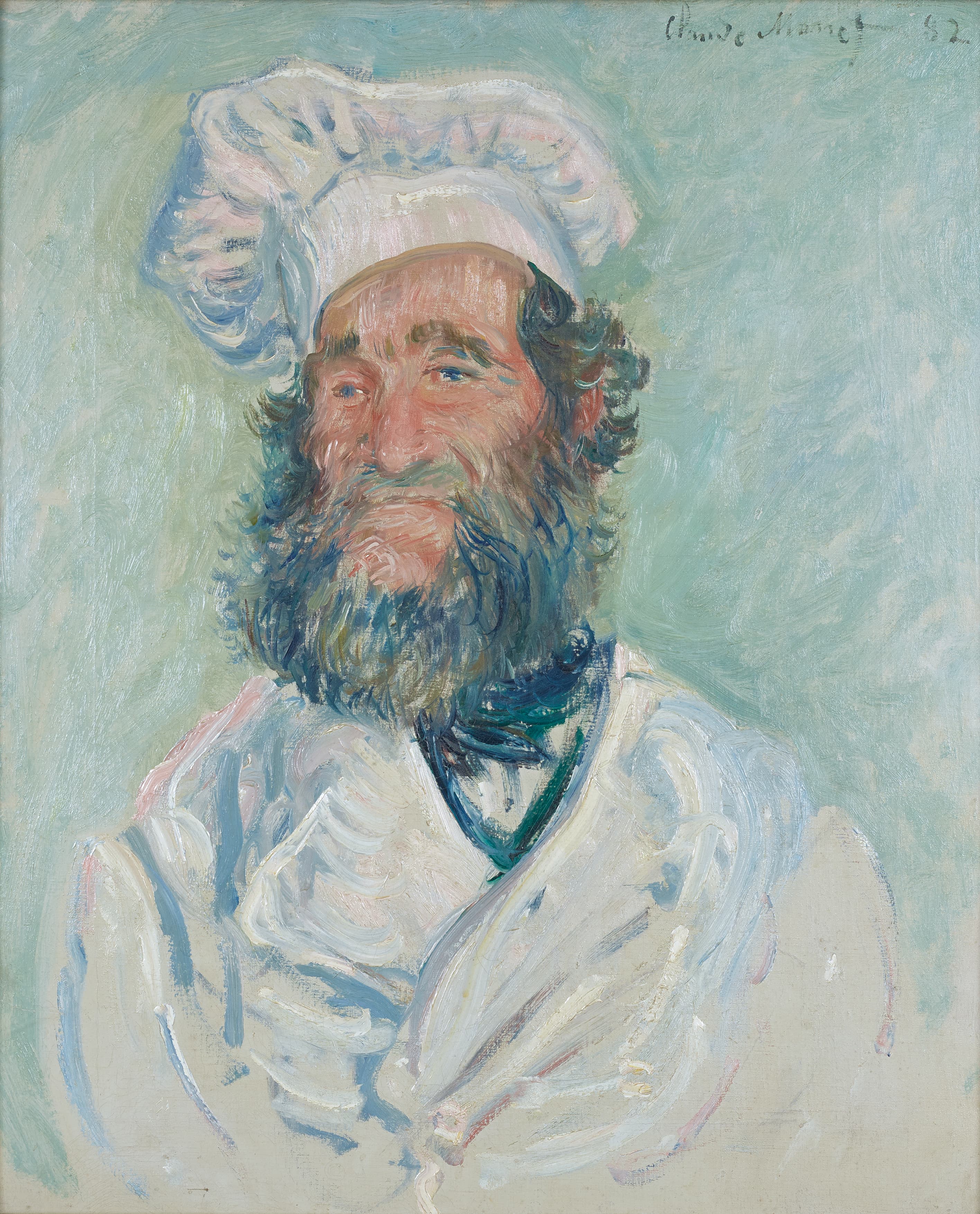 A bearded chef in a tall white cap and white jacket, a dark neckerchief at his throat, against a pale green background — Claude Monet, Portrait of Père Paul, 1882