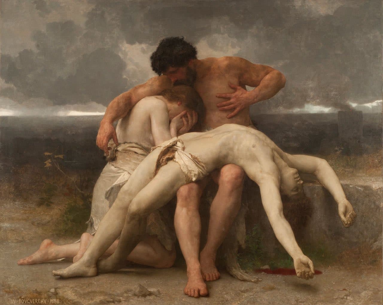 A bearded Adam sits on a rock holding the limp body of Abel across his knees while Eve kneels and hides her face against him, under a stormy grey sky — William-Adolphe Bouguereau, Premier Deuil, 1888