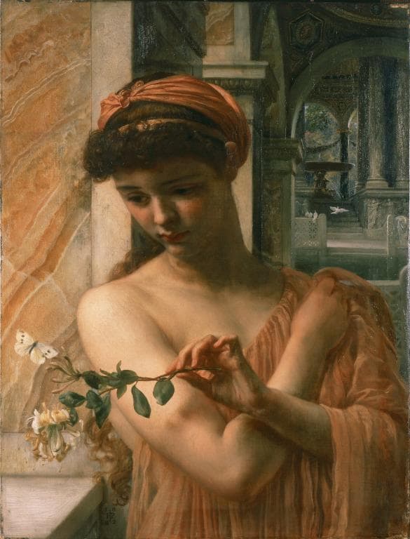 A young woman in an orange turban and rose robe looks down at a sprig of honeysuckle on which a white butterfly has settled, beside a veined marble column — Edward John Poynter, Psyche in the Temple of Love, 1882