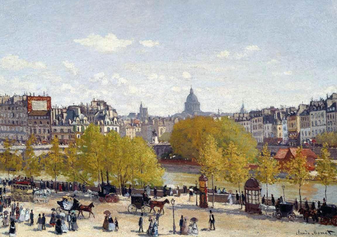 Tiny figures, cabs and a red-domed kiosk crowd a sunny riverside quay lined with young trees, with the Seine, Paris rooftops and the Panthéon dome beyond — Claude Monet, Quai du Louvre, 1867