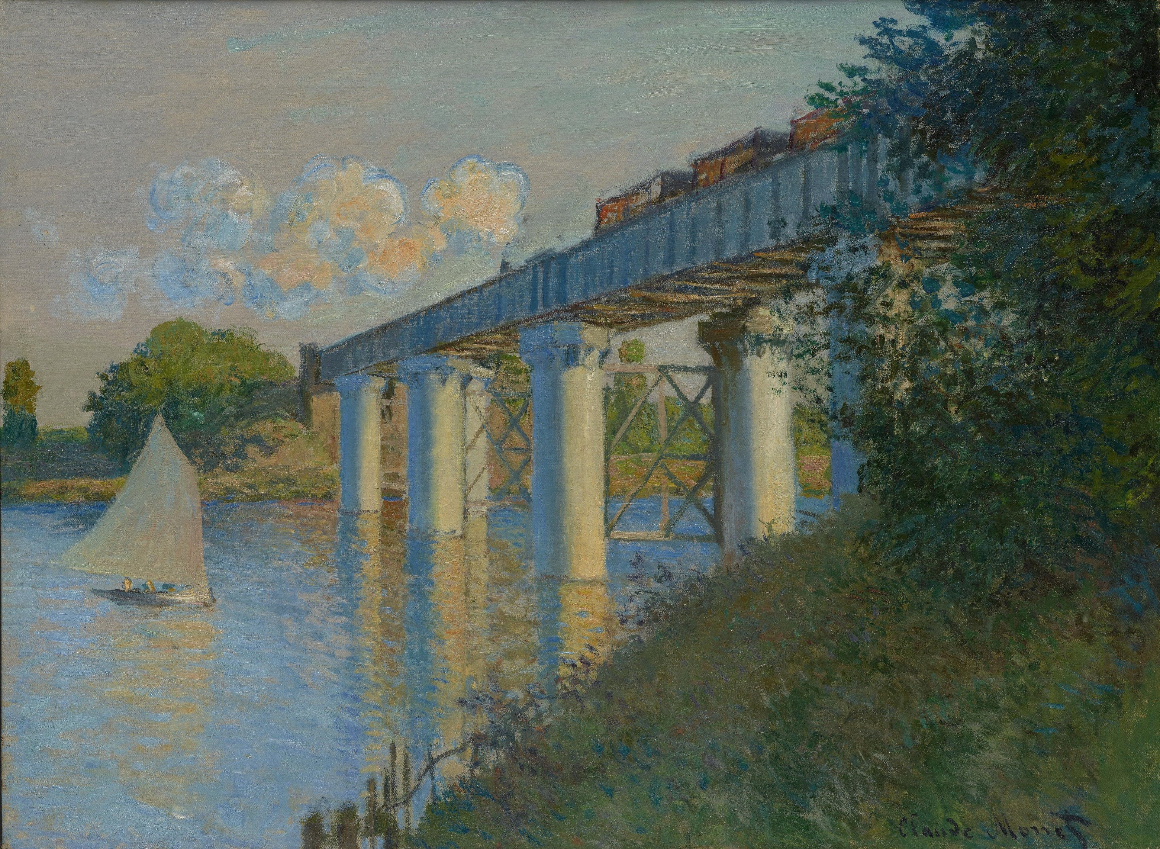 An iron railway bridge on thick pale pillars crosses a calm river diagonally, a train on top and a white sailboat below, with a grassy bank at right — Claude Monet, Railroad Bridge, Argenteuil, 1873