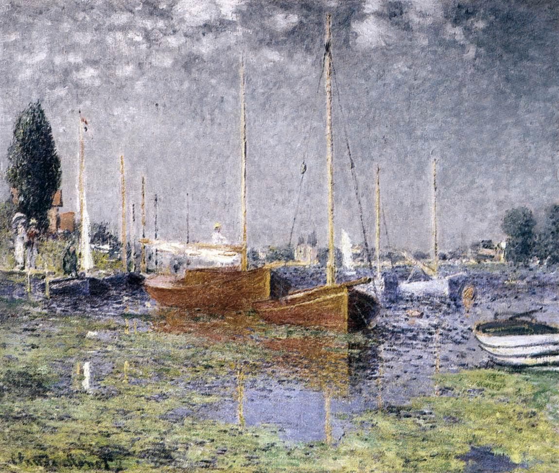 Two red-hulled sailing boats with tall bare masts lie moored on green water under a grey sky, with a dark tree and white house on the bank — Claude Monet, Red Boats at Argenteuil, 1875