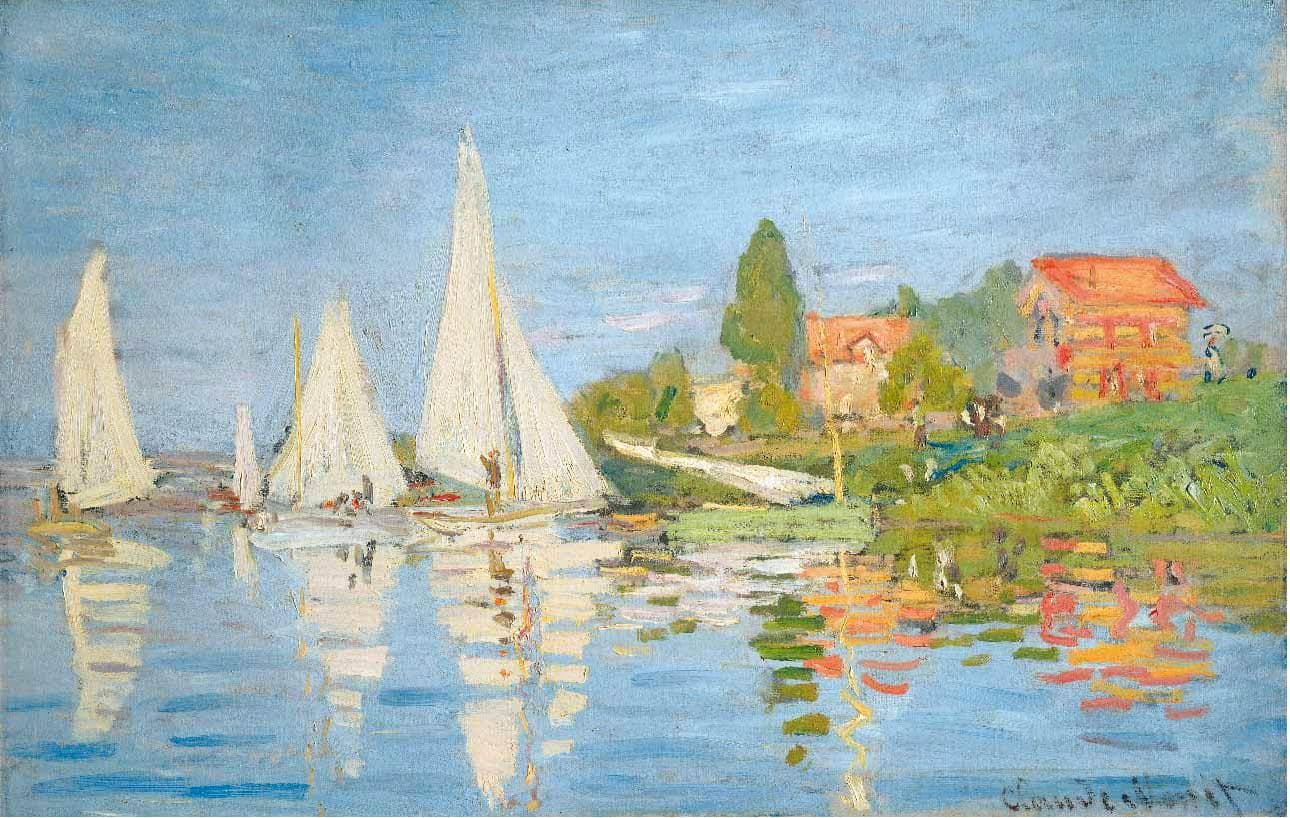 White-sailed yachts lean on a blue river beside a green bank with an orange-roofed house, their reflections broken into bold strokes of color — Claude Monet, Regatta at Argenteuil, c. 1872