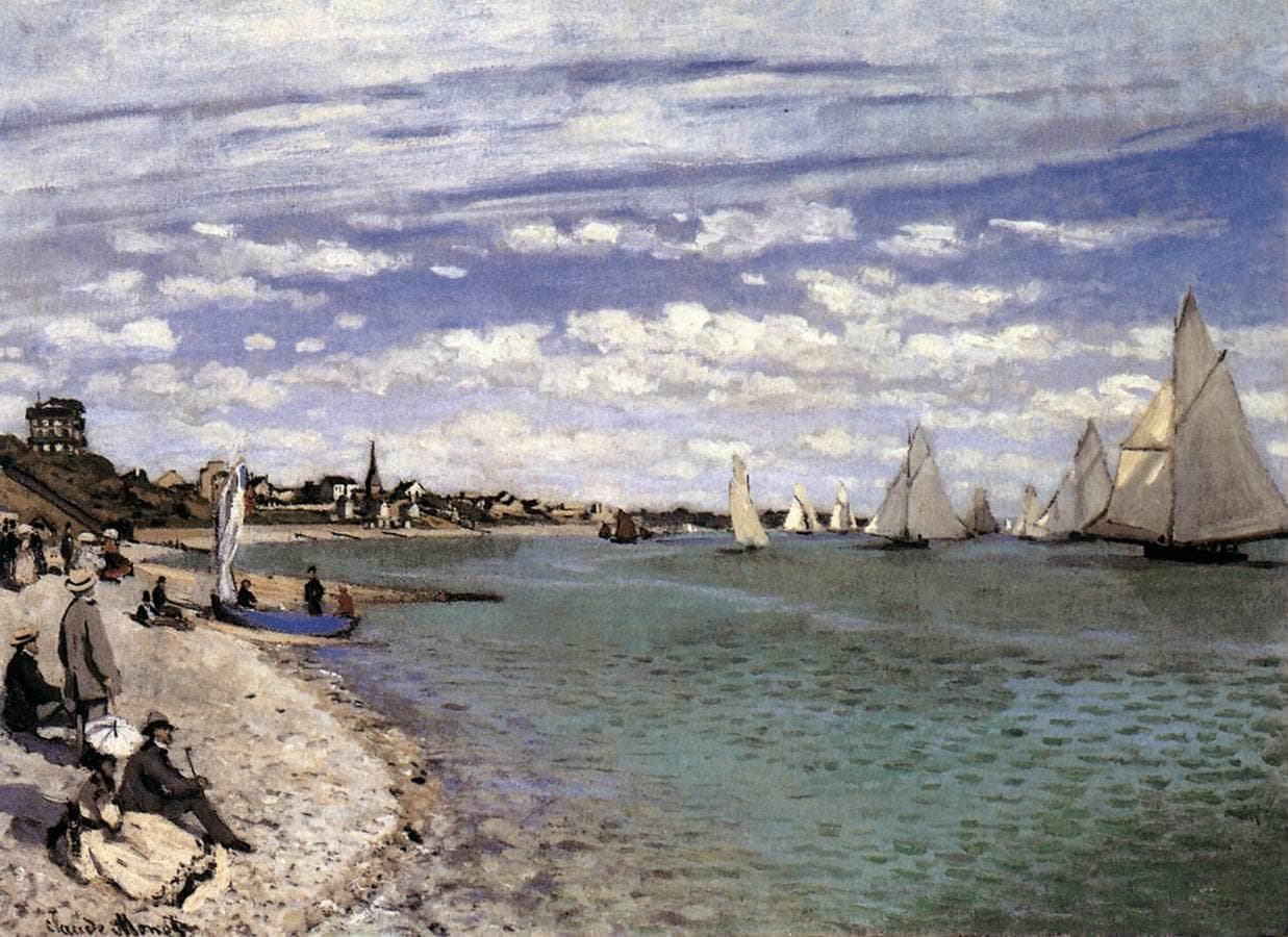 Sailboats race across a pale turquoise bay under a wide cloud-streaked sky while spectators sit on a curving shingle beach — Claude Monet, Regatta at Sainte-Adresse, 1867