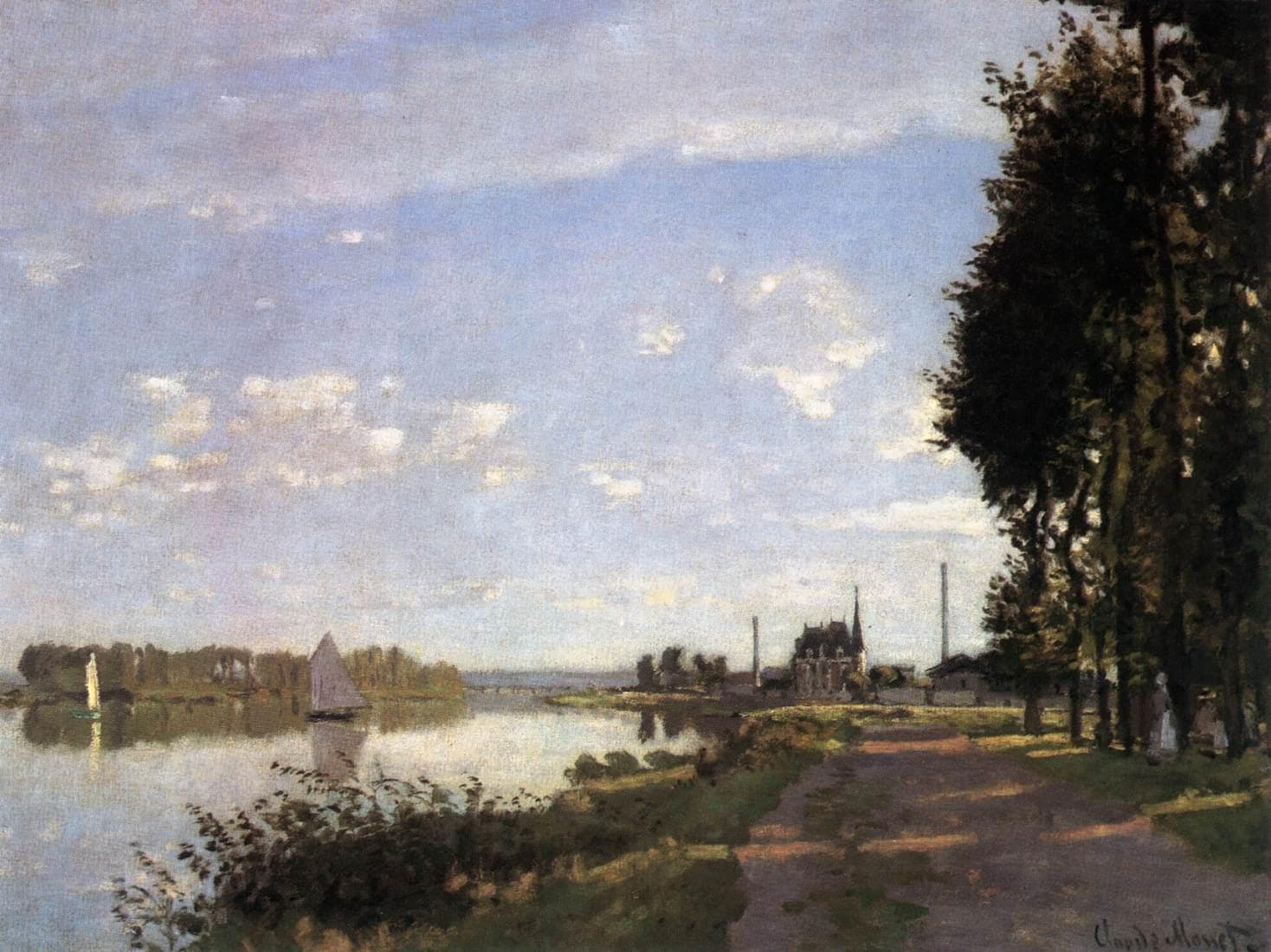 A pale dirt path runs beside a bright river with white sailboats, trees casting shadows and chimneys on the far bank — Claude Monet, Riverside Path at Argenteuil, c. 1872