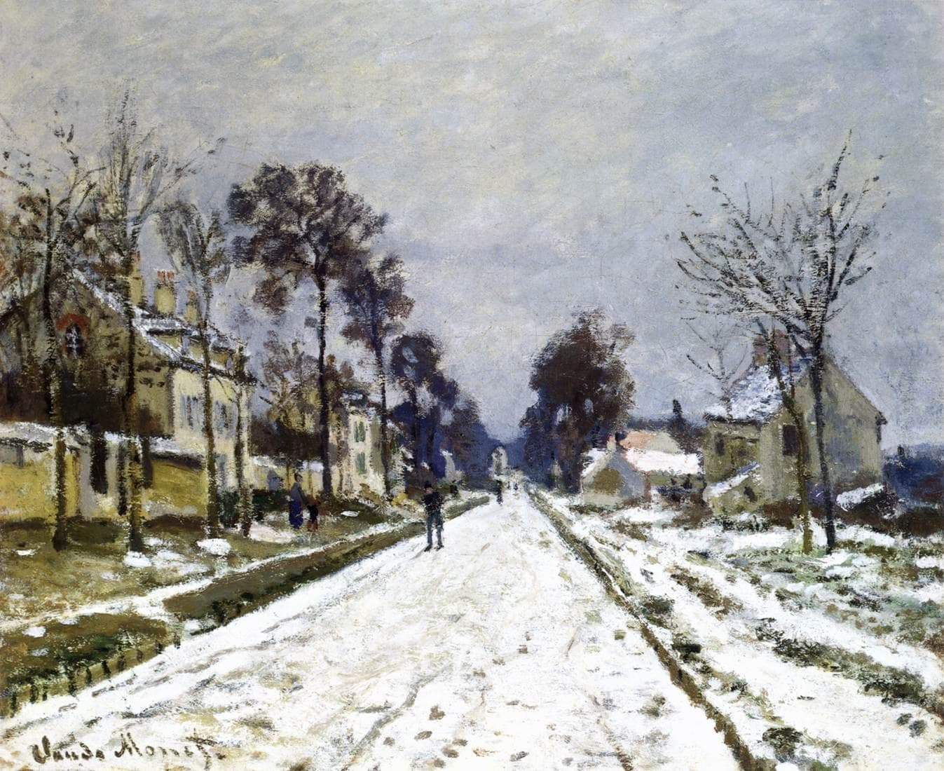 A wide snowy road with cart ruts runs between pale houses and bare trees toward a gray horizon, with a man walking toward the viewer — Claude Monet, Road at Louveciennes, Snow Effect, 1869–70