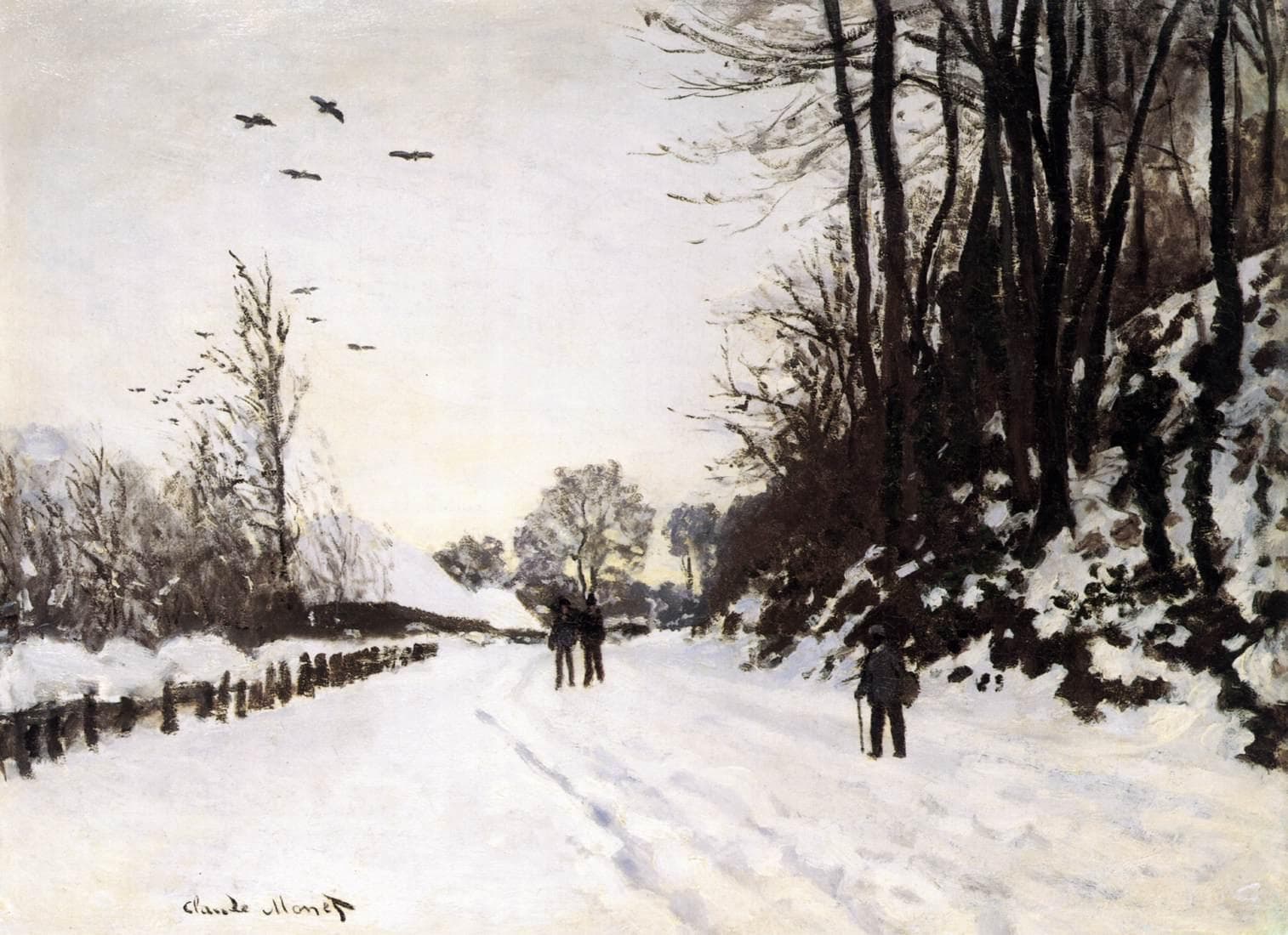 Two walkers head down a snowy country road between a dark post fence and a wooded bank of bare trees, with a third figure leaning on a stick and crows wheeling in a pale sky — Claude Monet, Road by Saint-Siméon Farm in Winter, 1867